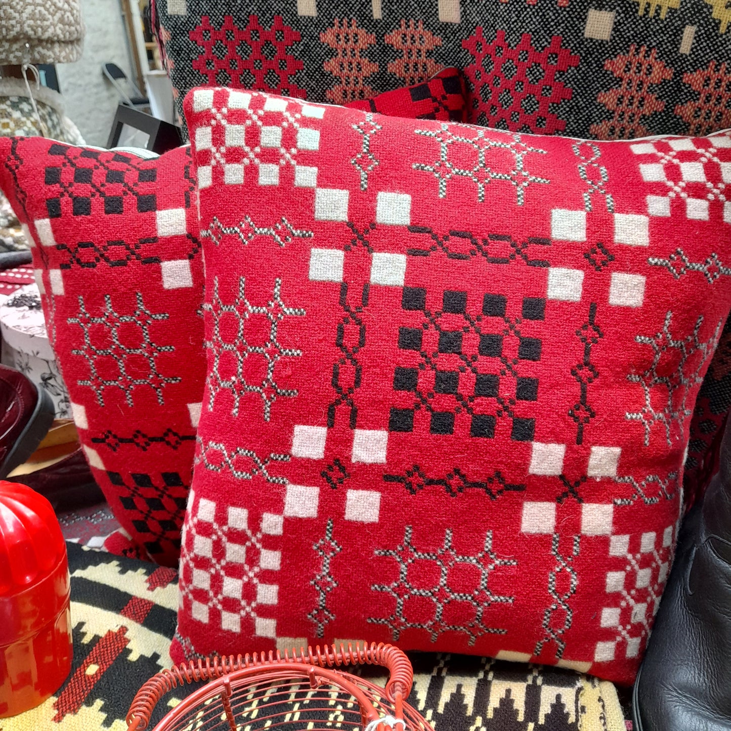PAIR Handmade Welsh Tapestry Blanket Cushions in Red, Black & White 18"