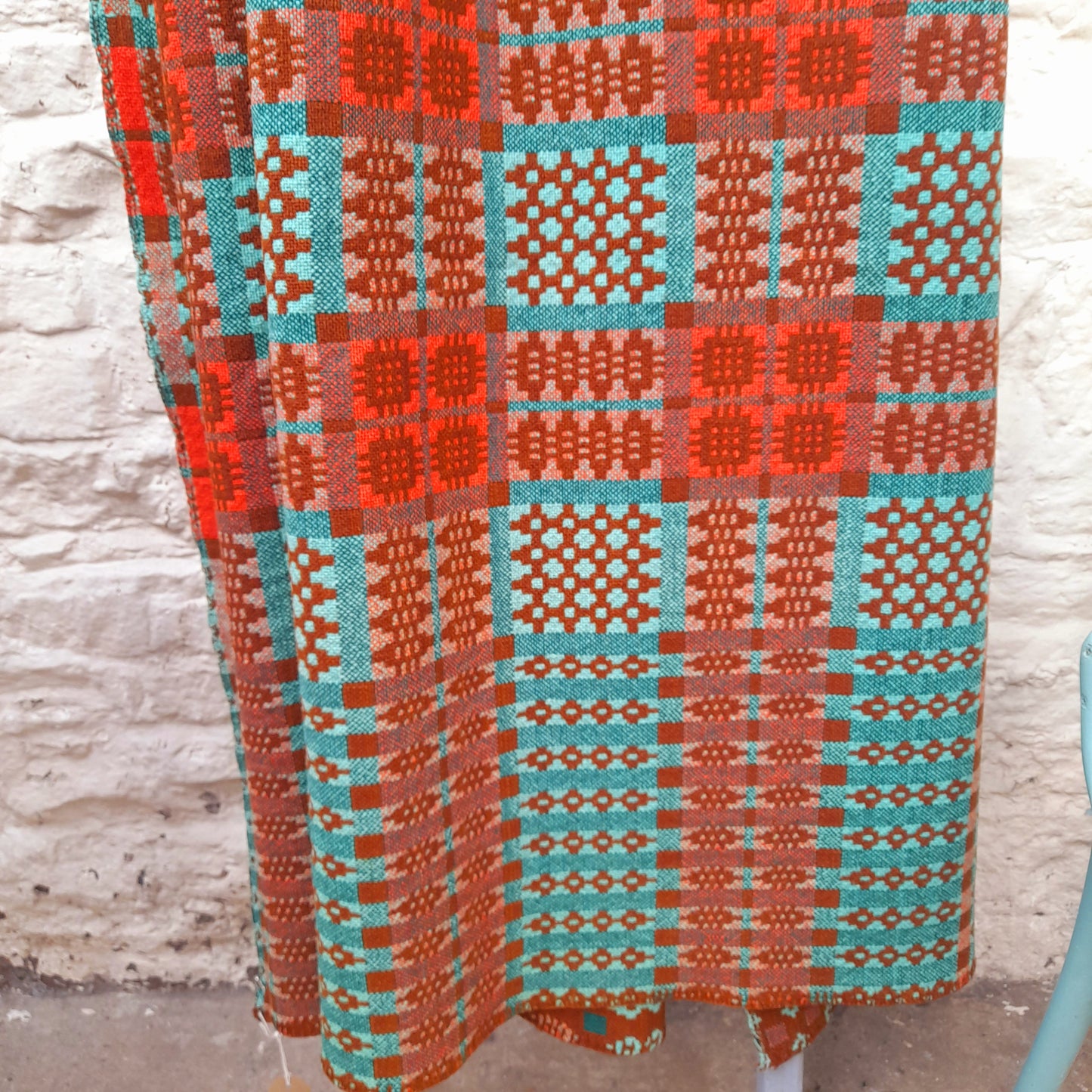 Early Antique Handmade Welsh Wool Tapestry Blanket in Teal Green, Orange Red & Terracotta