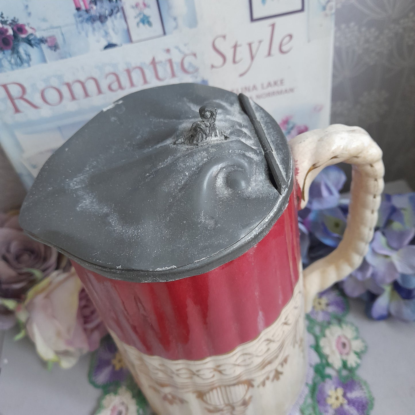 Antique Burgundy Red & Cream Ceramic Jug, Gold Lustre Pitcher with Pewter Lid