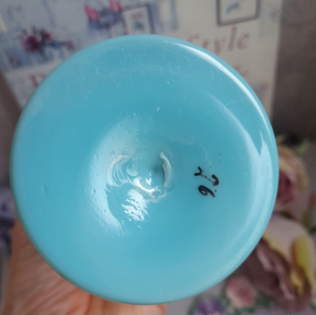 Victorian Milk Glass Vase, Handpainted Floral Opaline Duck Egg Blue