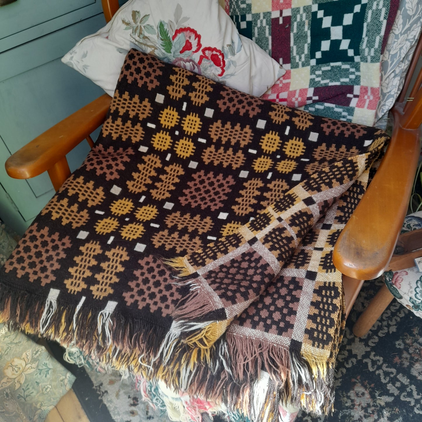 Vintage Welsh Tapestry Blanket in Brown, Gold & Cream by Trefriw Woollen Mill