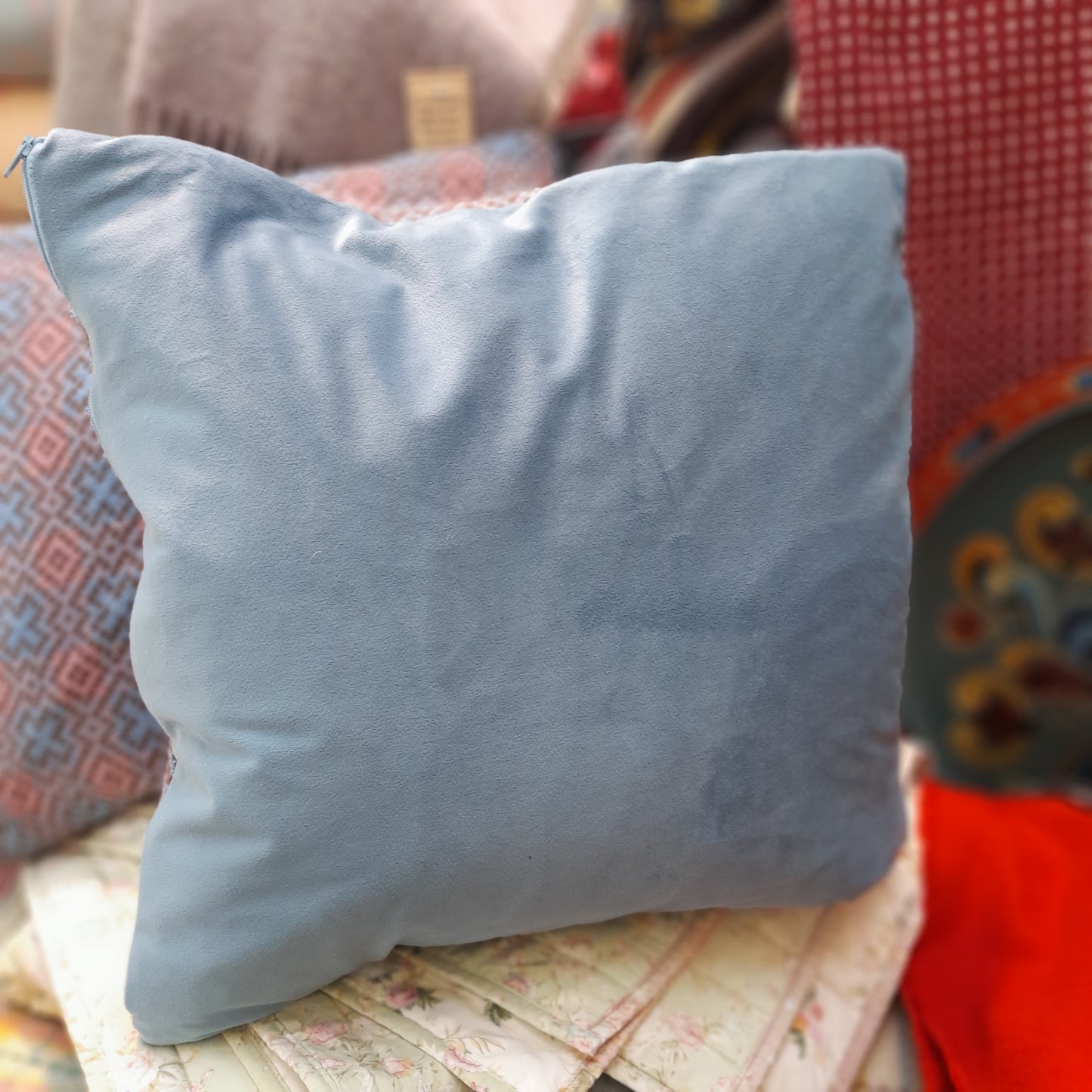 Handmade Welsh Tapestry Cushion in Pastel Pink & Blue 18"