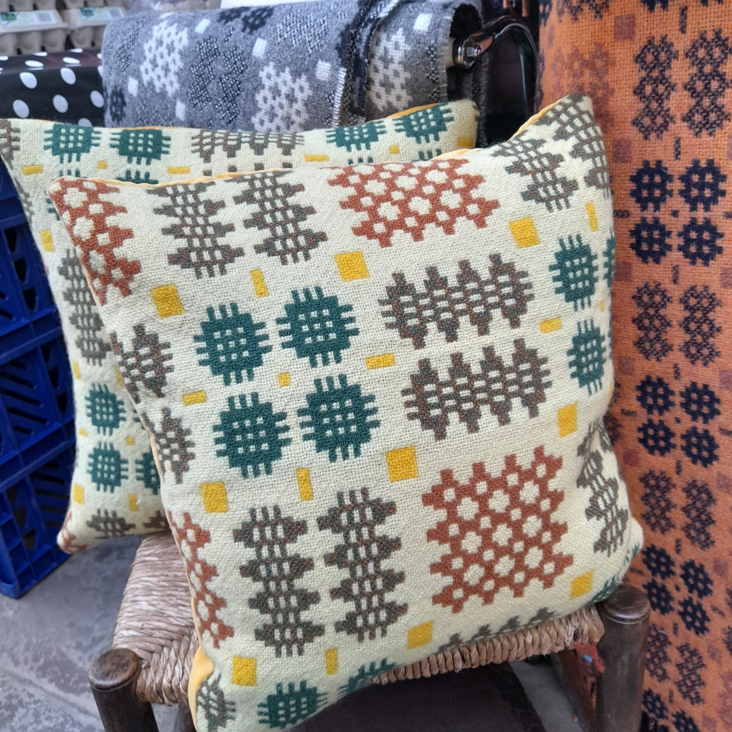PAIR of Handmade Welsh Tapestry Blanket Cushions in Cream, Green & Mustard Yellow 18"