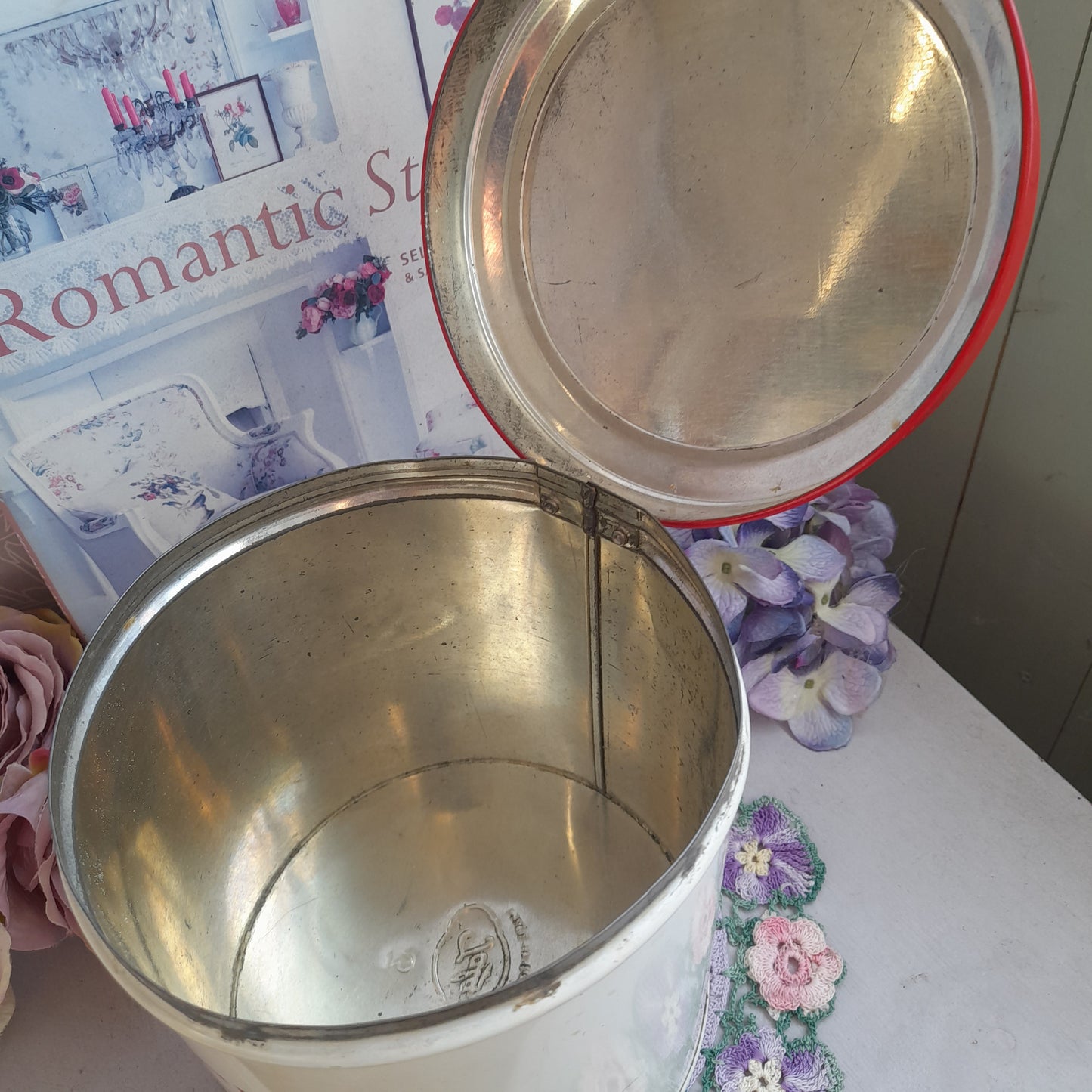 Vintage Tala Biscuit Tin in Red & Cream Enamel