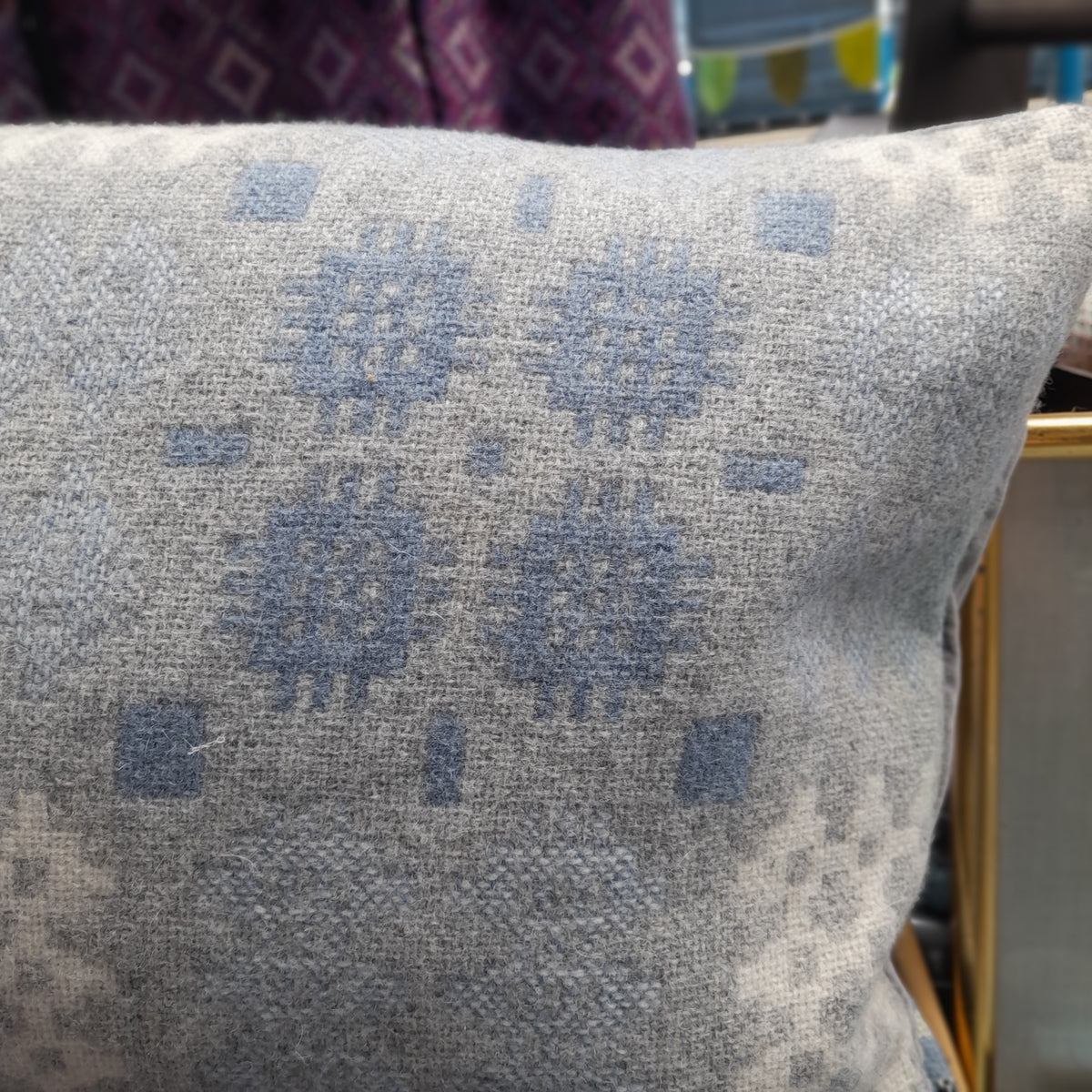 Pair of Welsh Tapestry Blanket Cushions in Pale Blue Grey & White Limited Edition 18" x 12"