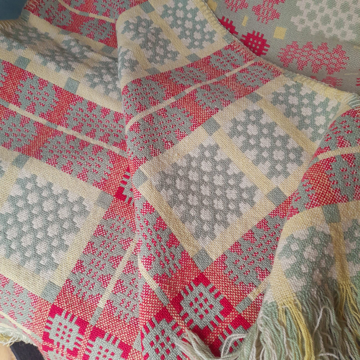 Vintage Welsh Tapestry Blanket in Sage Green, Raspberry Pink, Yellow & White King Size