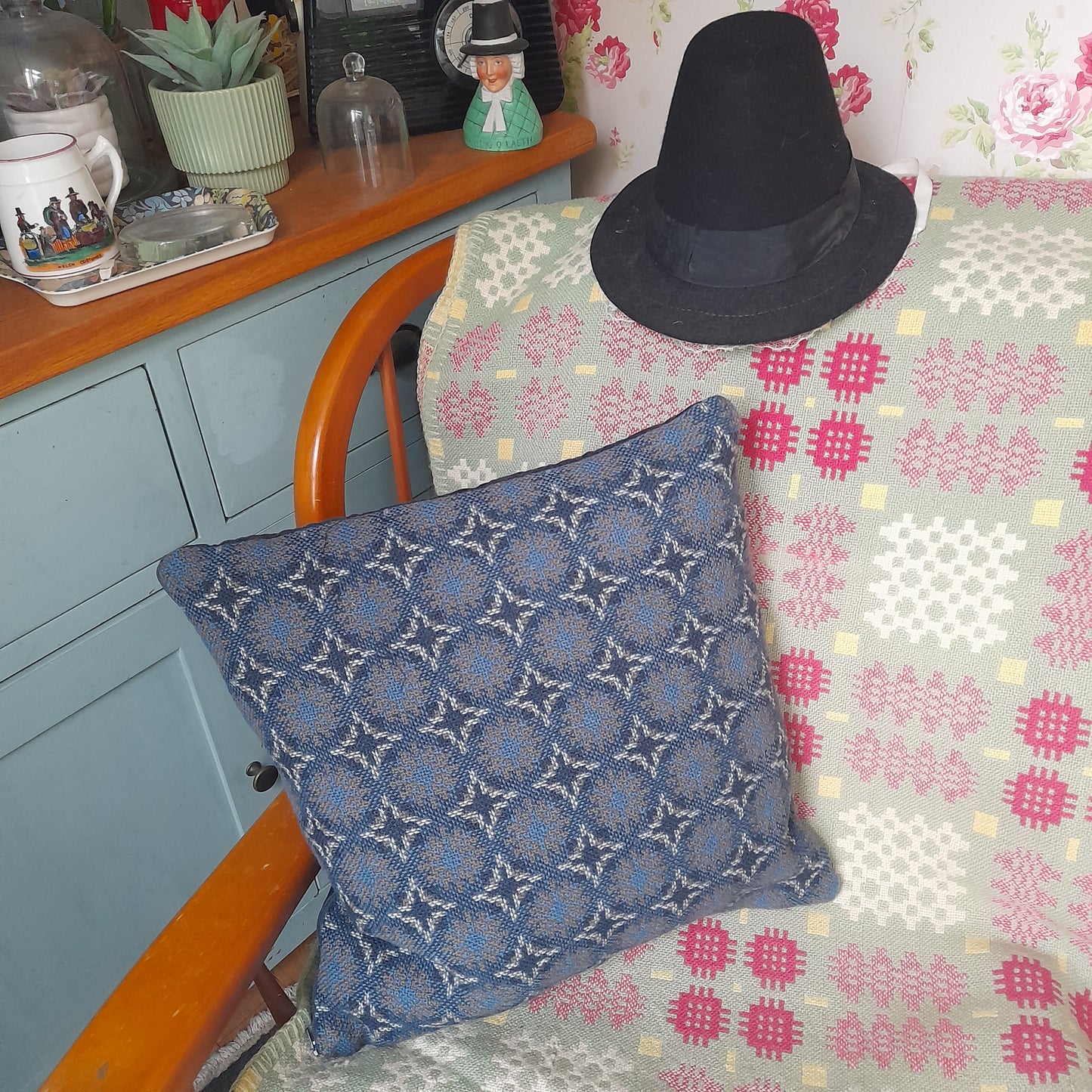 Handmade Cushion Made From Vintage Welsh Tapestry Woven Fabric in Navy & Grey 18"
