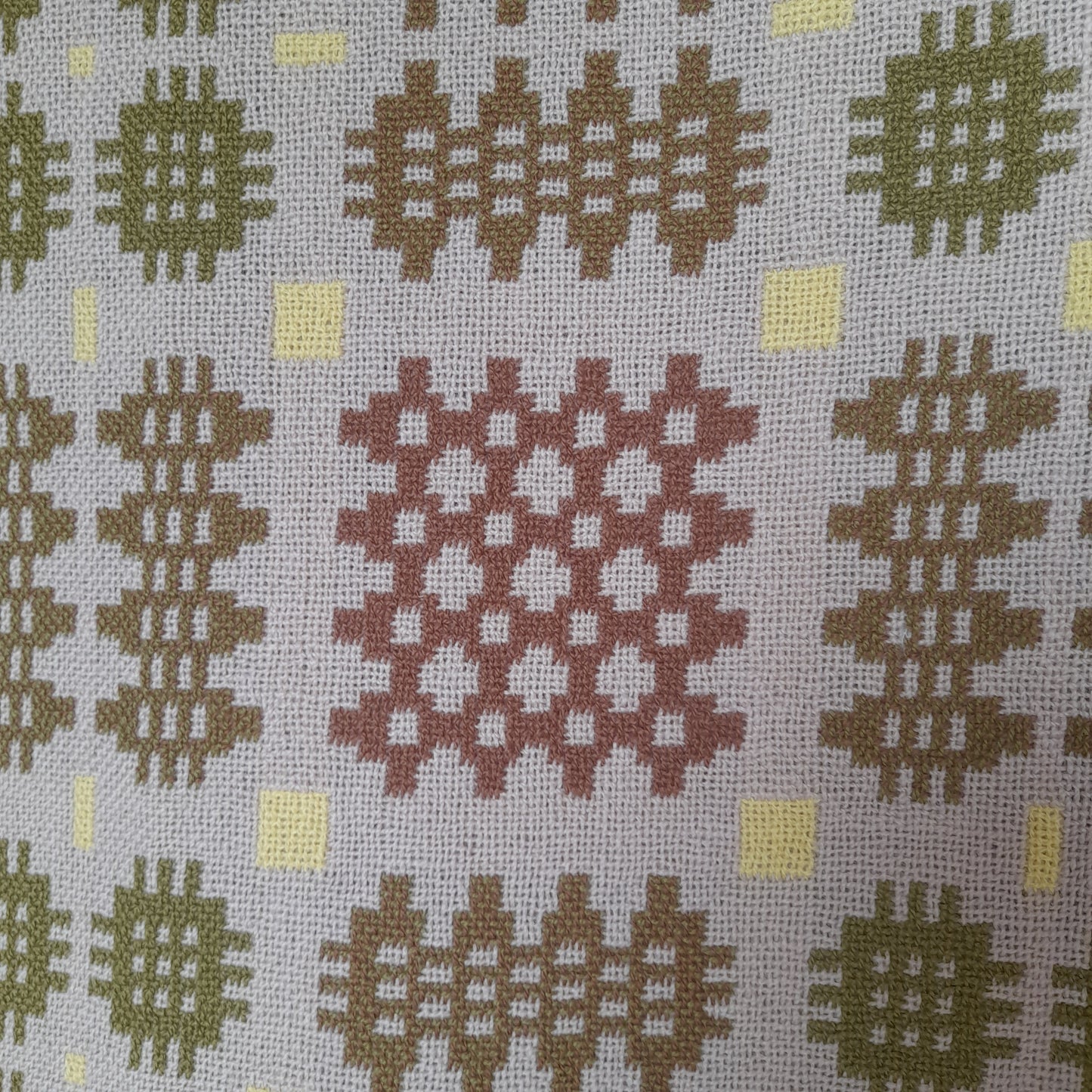 Vintage Welsh Tapestry Blanket in Taupe Green Cream With Pop of Yellow Super King Size