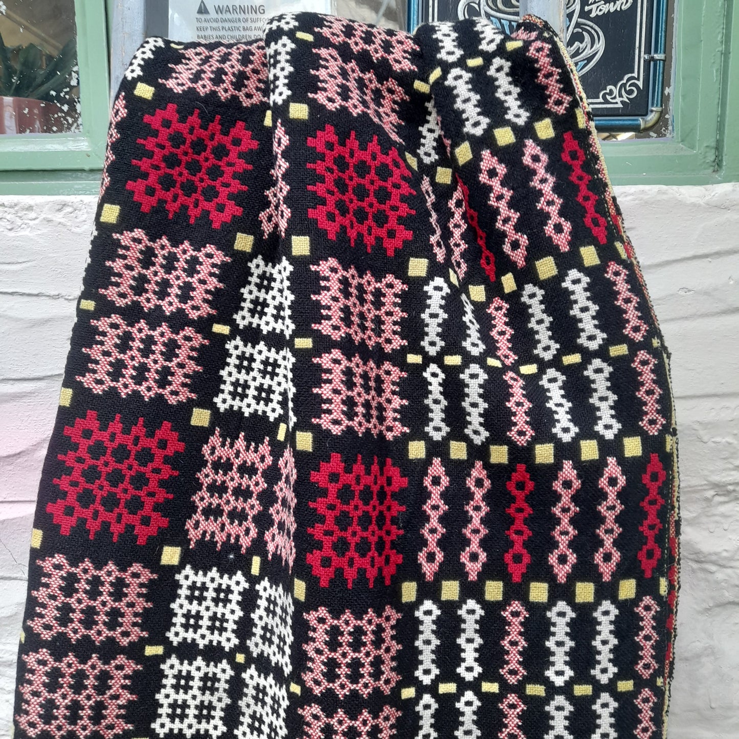 Welsh Tapestry Blanket in Black Red, Yellow & White by Gwili Mill