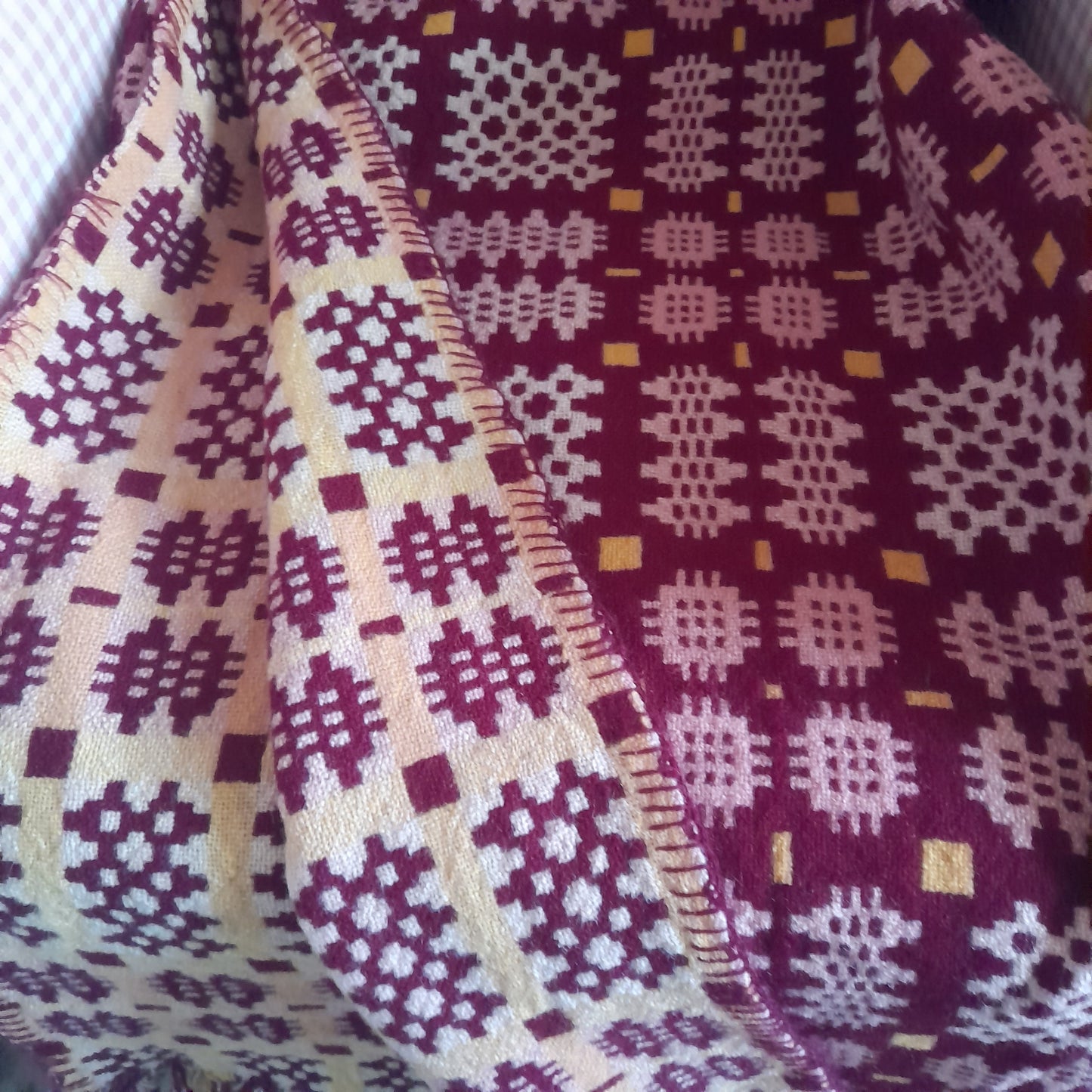 Vintage Welsh Tapestry Blanket in Burgundy Pink & A Pop of Daffodil Yellow King Size