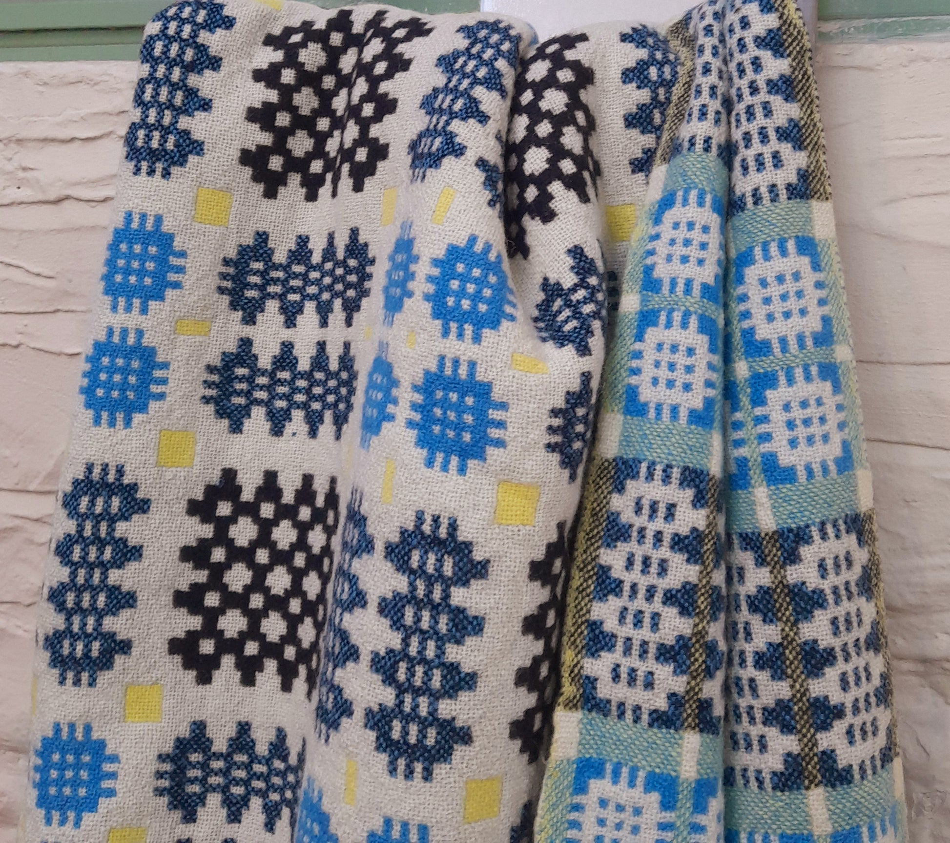 Vintage Welsh Tapestry Blanket in Cream, Sky Blue, Black & A Pop of Daffodil Yellow by Rhydybont Mill King Size