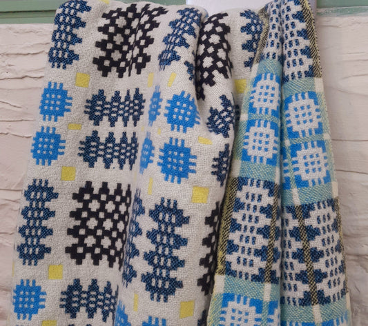Vintage Welsh Tapestry Blanket in Cream, Sky Blue, Black & A Pop of Daffodil Yellow by Rhydybont Mill King Size