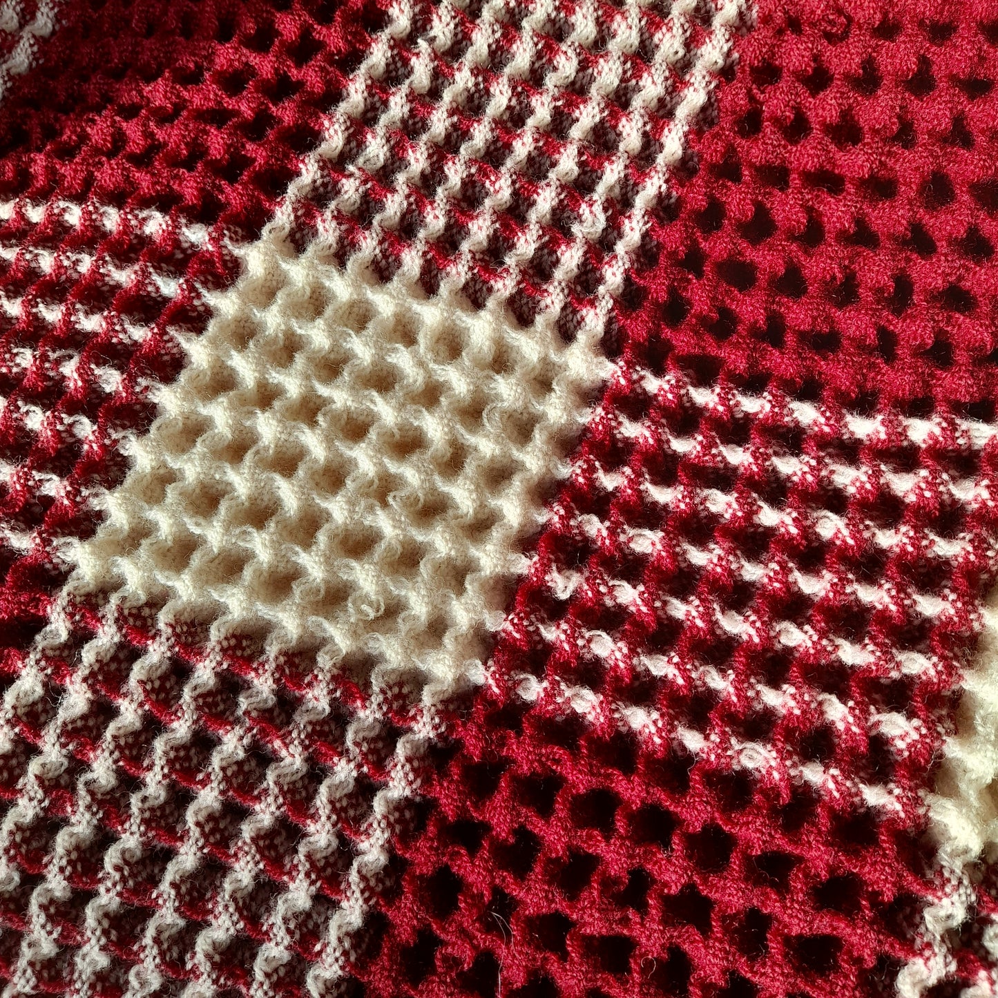 Vintage Welsh Wool Waffle Honeycomb Blanket Burgundy & Cream Check