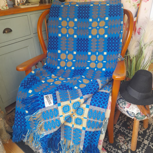 Vintage Welsh Tapestry Blanket in Bright Blue Mustard Navy & White King Size