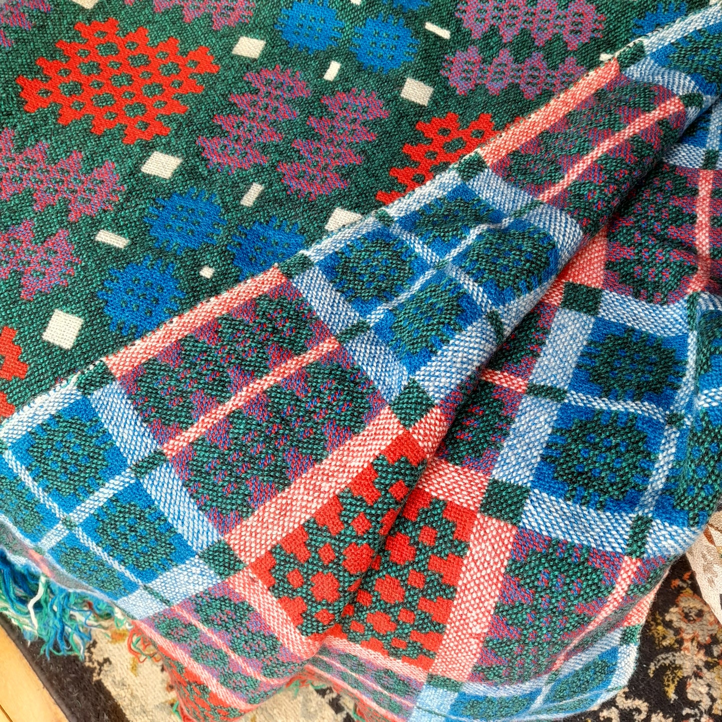 Vintage Welsh Tapestry Blanket in Teal Green, Cobalt Blue, Scarlet Red & White