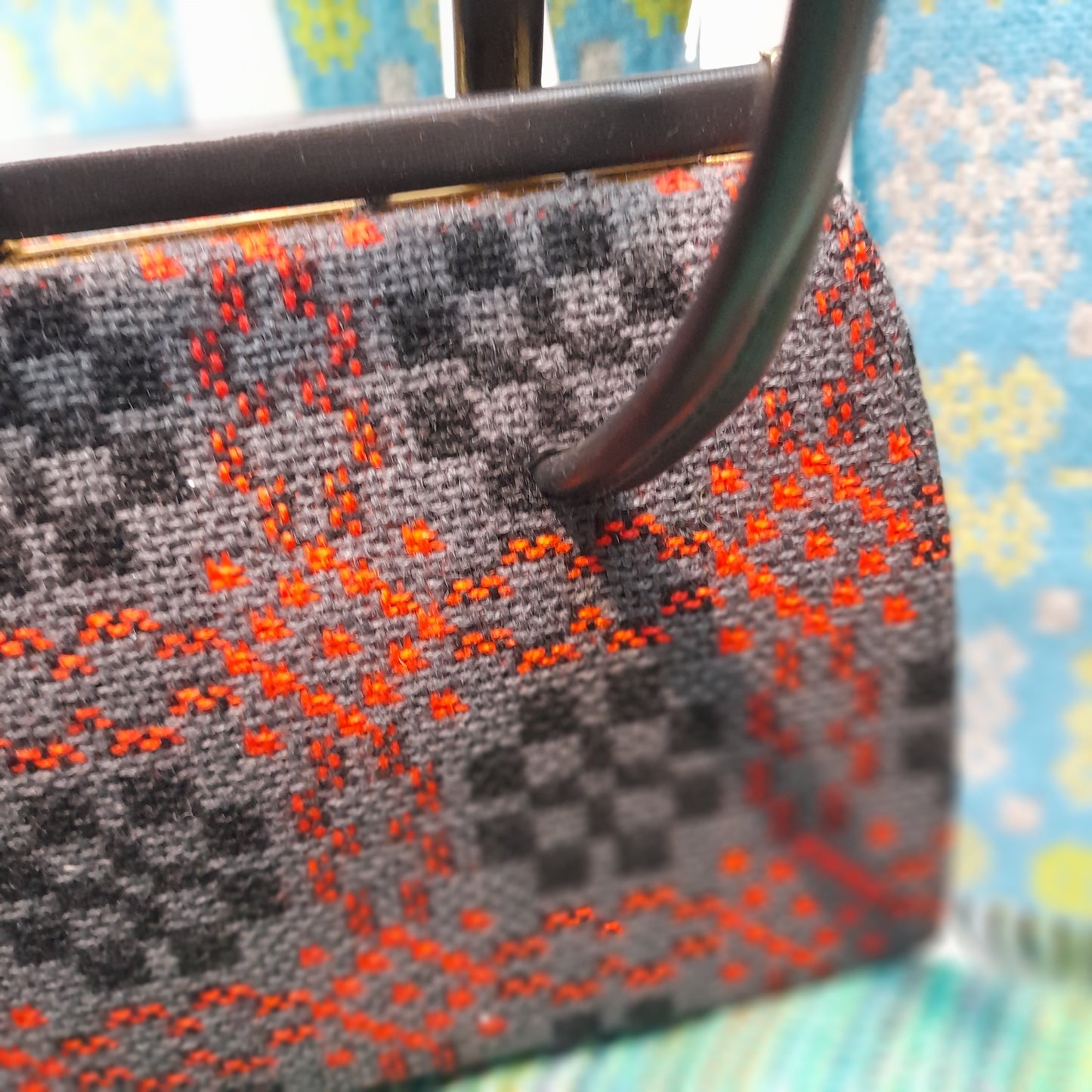 Vintage Welsh Tapestry Handbag in Red Charcoal Grey & Black