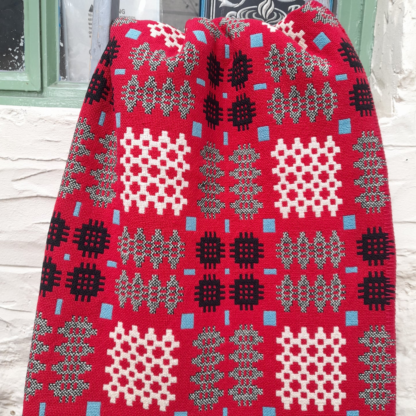 Vintage Welsh Wool Tapestry Blanket in Raspberry Red With a Pop of Blue King Size
