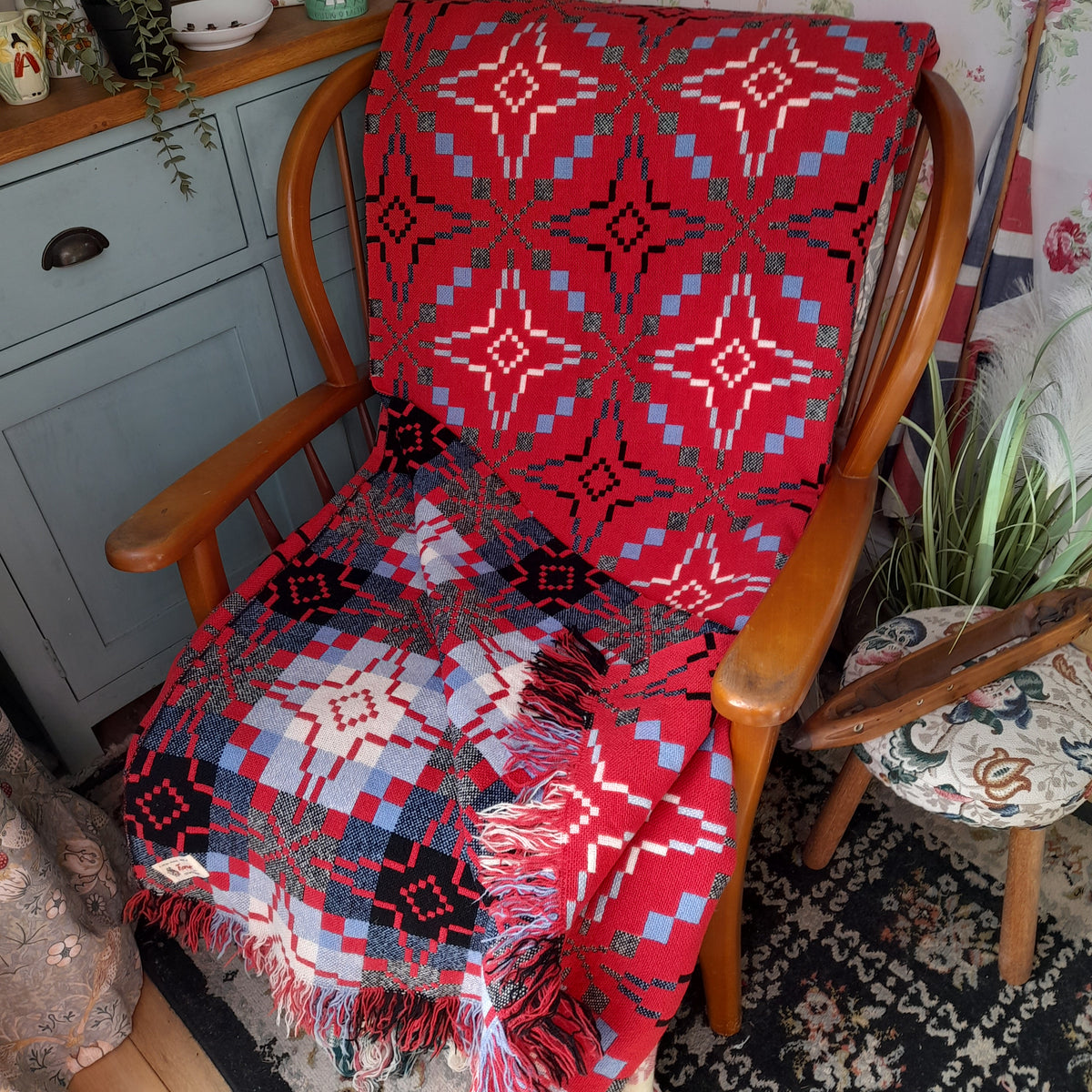 Vintage Welsh Tapestry Blanket in Raspberry Red, Black & White With A Pop of Sky Blue By Melin Tregwynt King Size