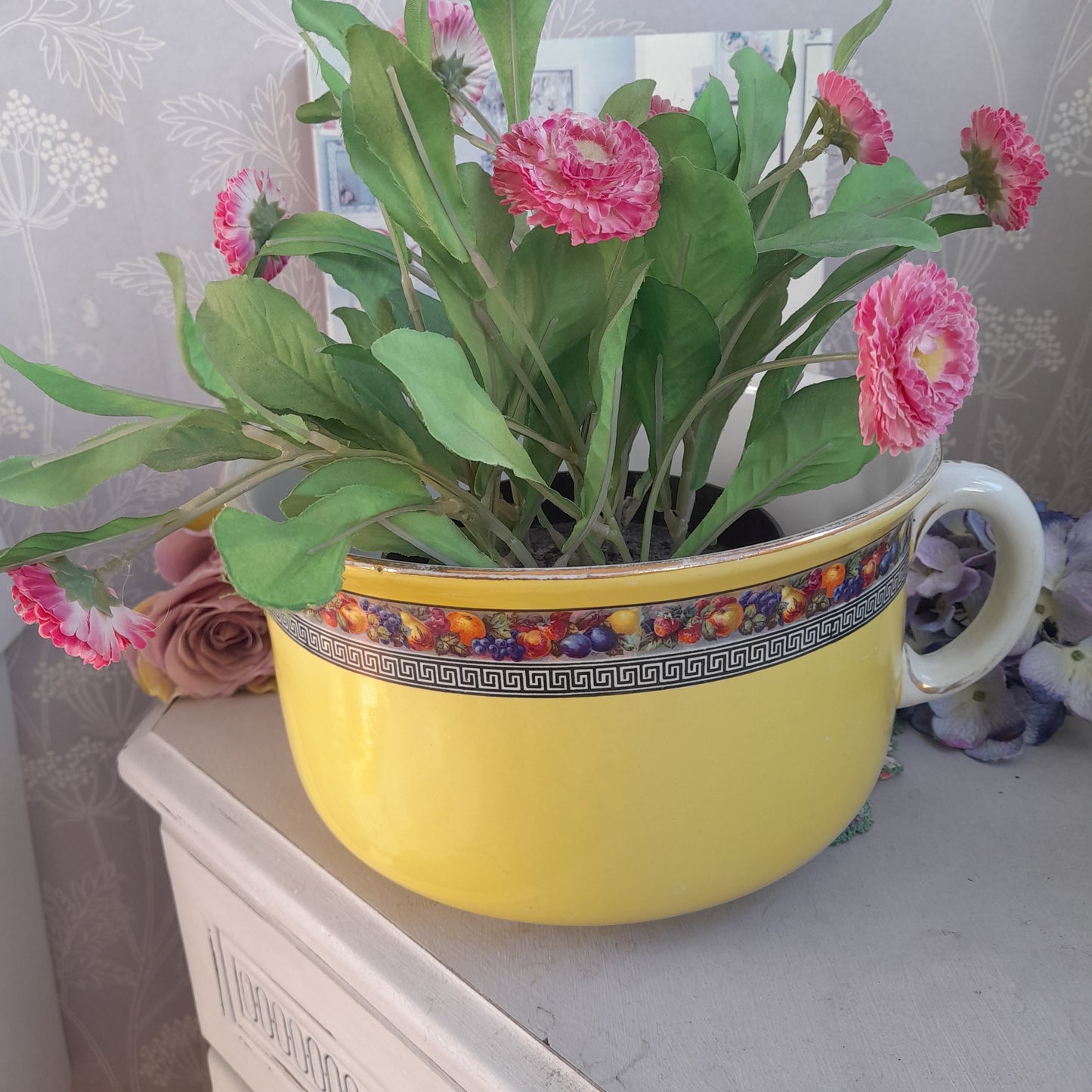 Victorian Sunshine Yellow Chamber Pot with Fruit & Greek Key Design