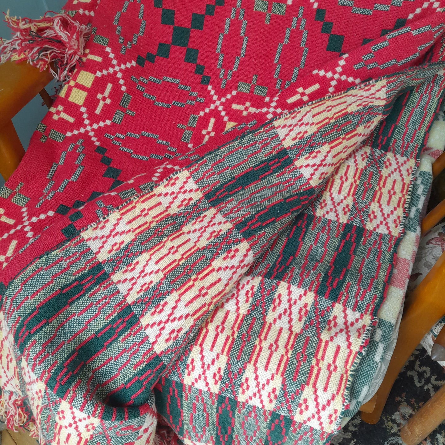 Vintage Welsh Tapestry Blanket in Raspberry Red/Pink, Emerald Green, Daffodil Yellow & Cream by Derw Mill King Size
