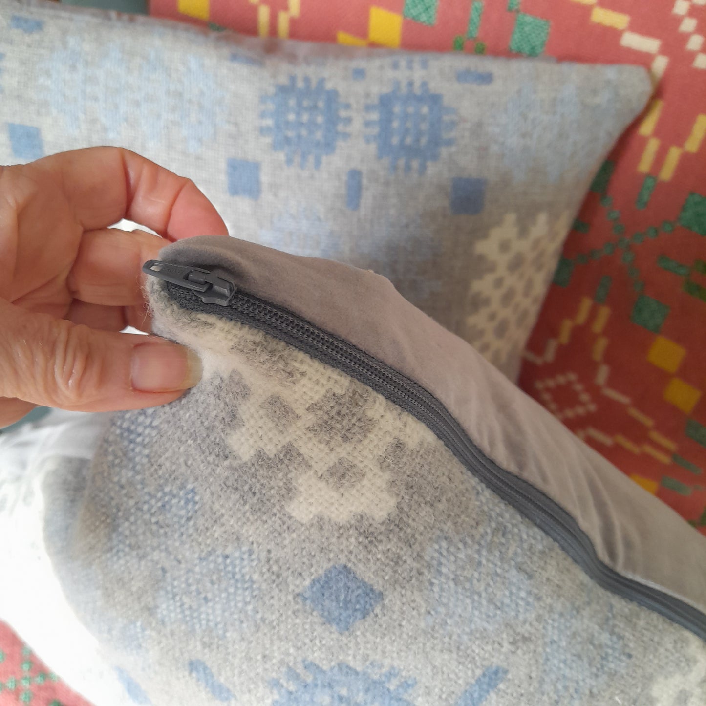 Pair of Welsh Tapestry Blanket Cushions in Pale Blue Grey & White Limited Edition 18"