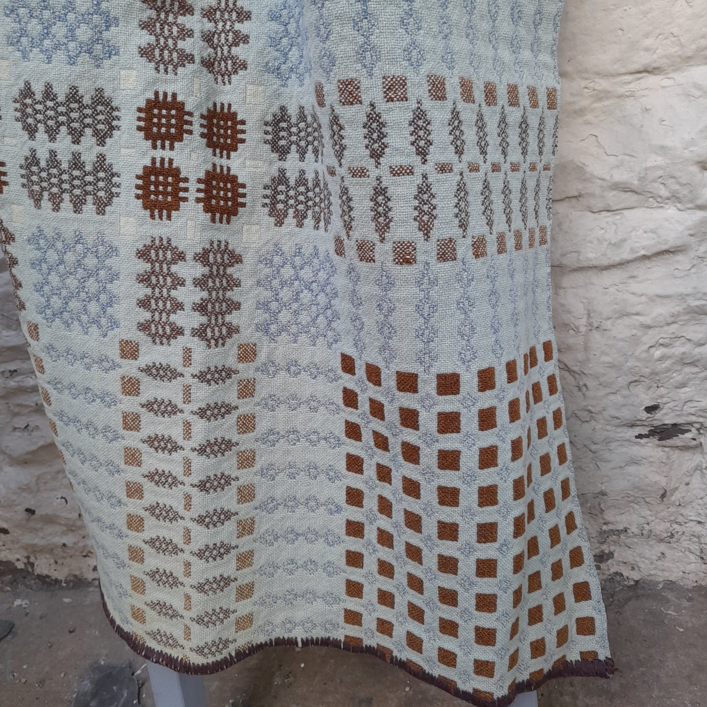 RARE Early Antique Welsh Tapestry Blanket in Grey Blue & Brown