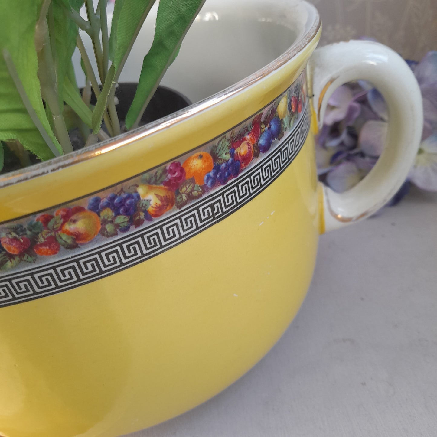 Victorian Sunshine Yellow Chamber Pot with Fruit & Greek Key Design