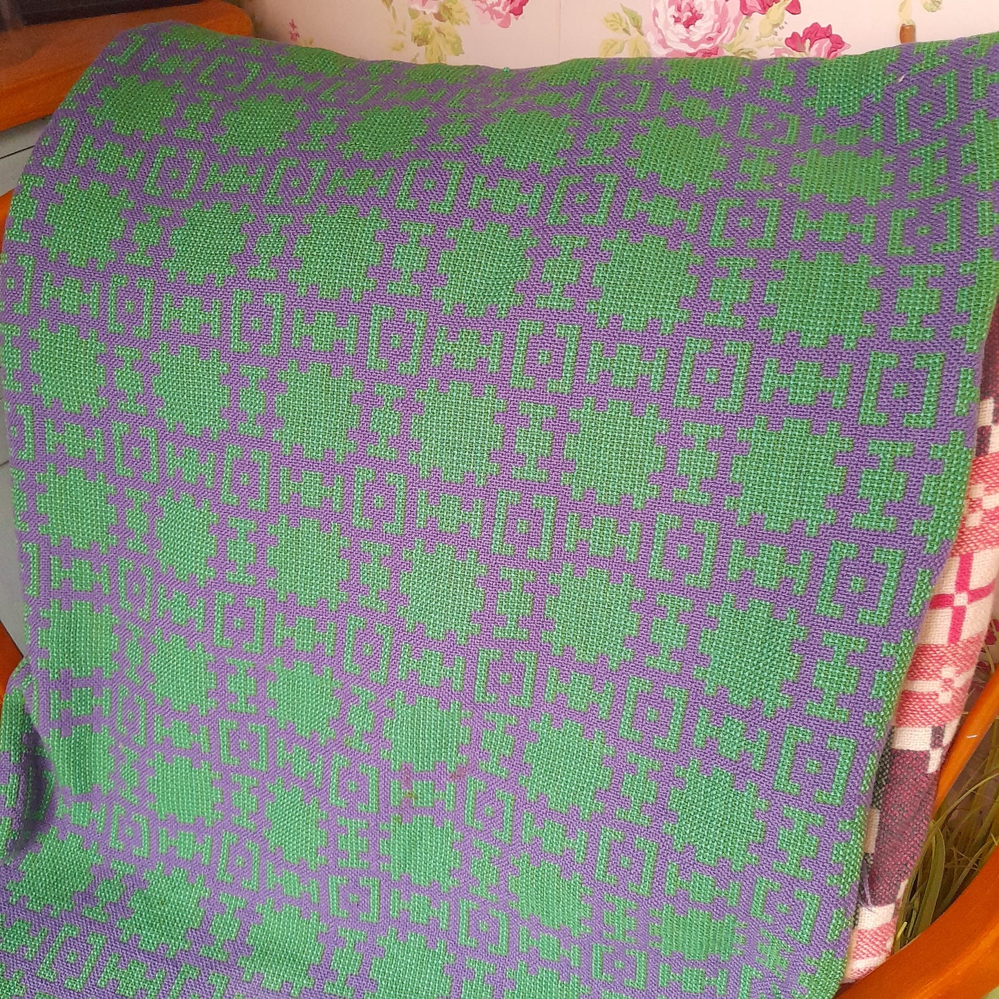 RARE Vintage Welsh Tapestry Blanket in Bright Green & Purple Woven by Arthur Morus Dolwerdd Mill