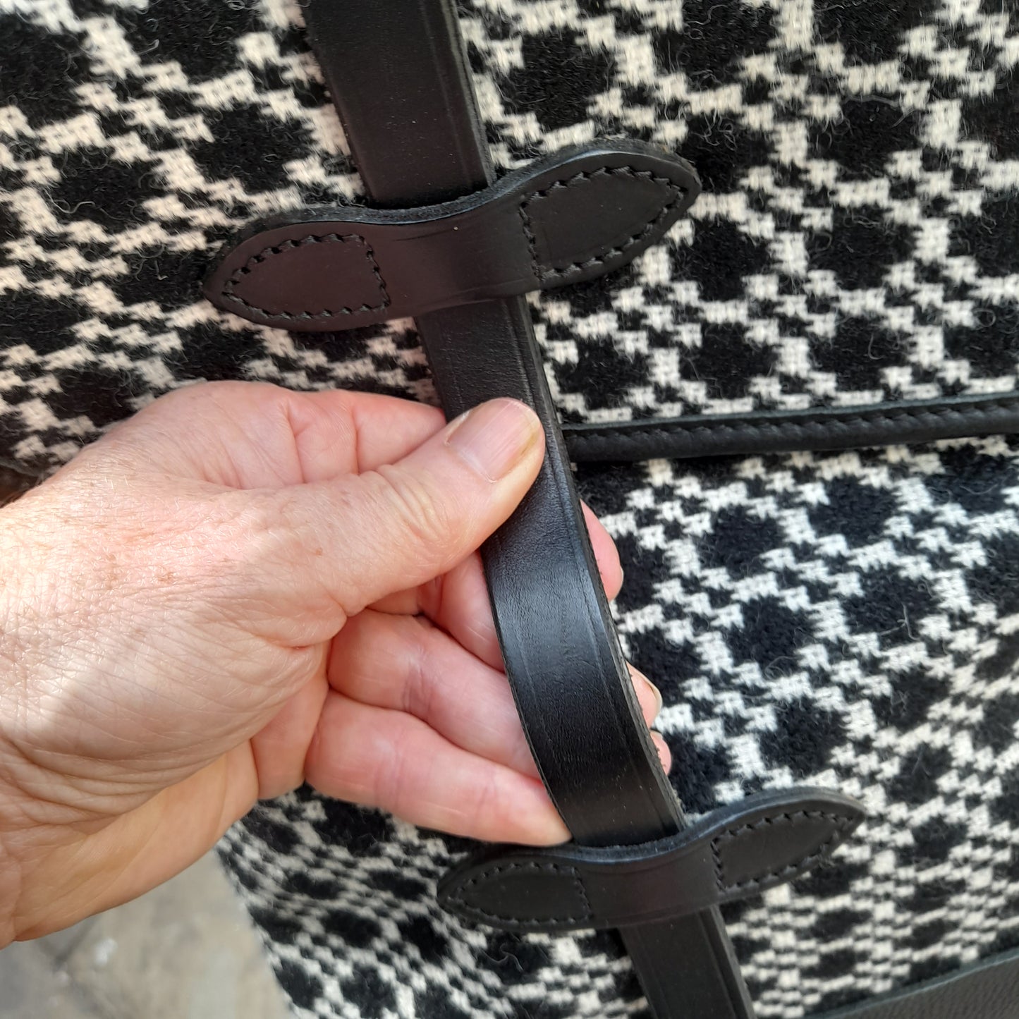 Large Welsh Tapestry & Leather Cross Body Messenger Bag by Melin Tregwynt in Black & White