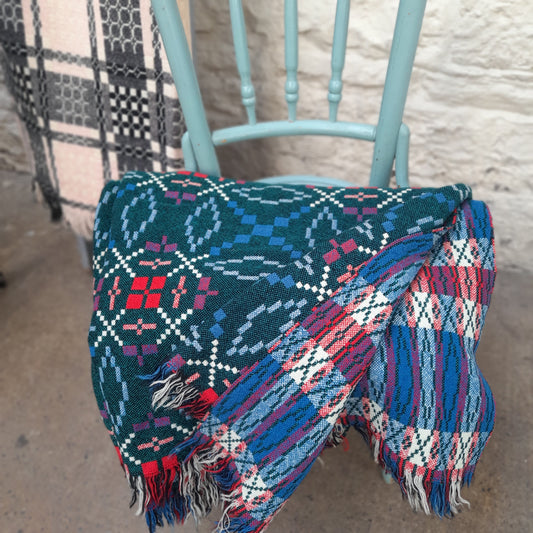 Vintage Welsh Tapestry Blanket in Teal Green, Blue & White With A Pop of Red