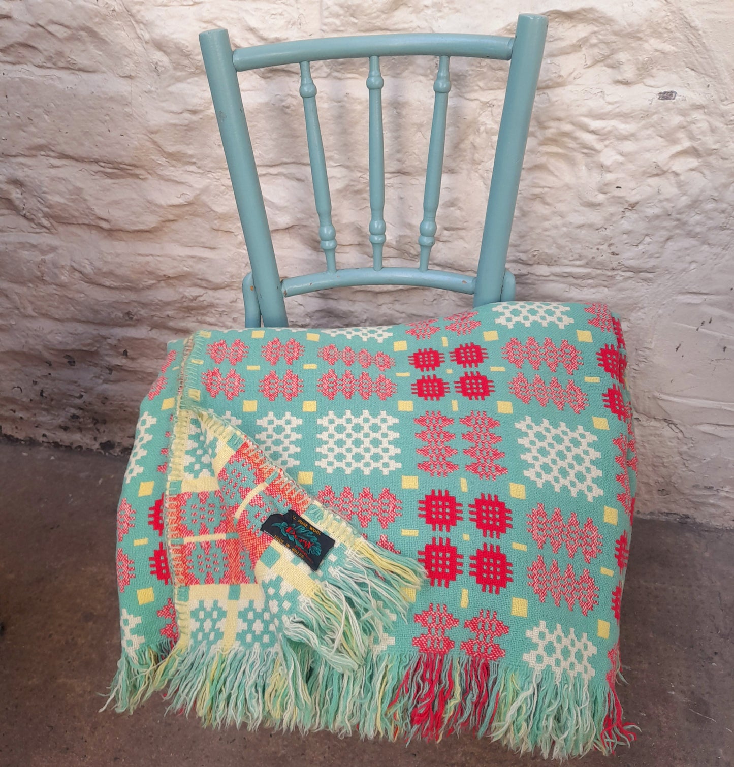 Vintage Welsh Tapestry Blanket in Green, Raspberry Red, Lemon Yellow & White King Size