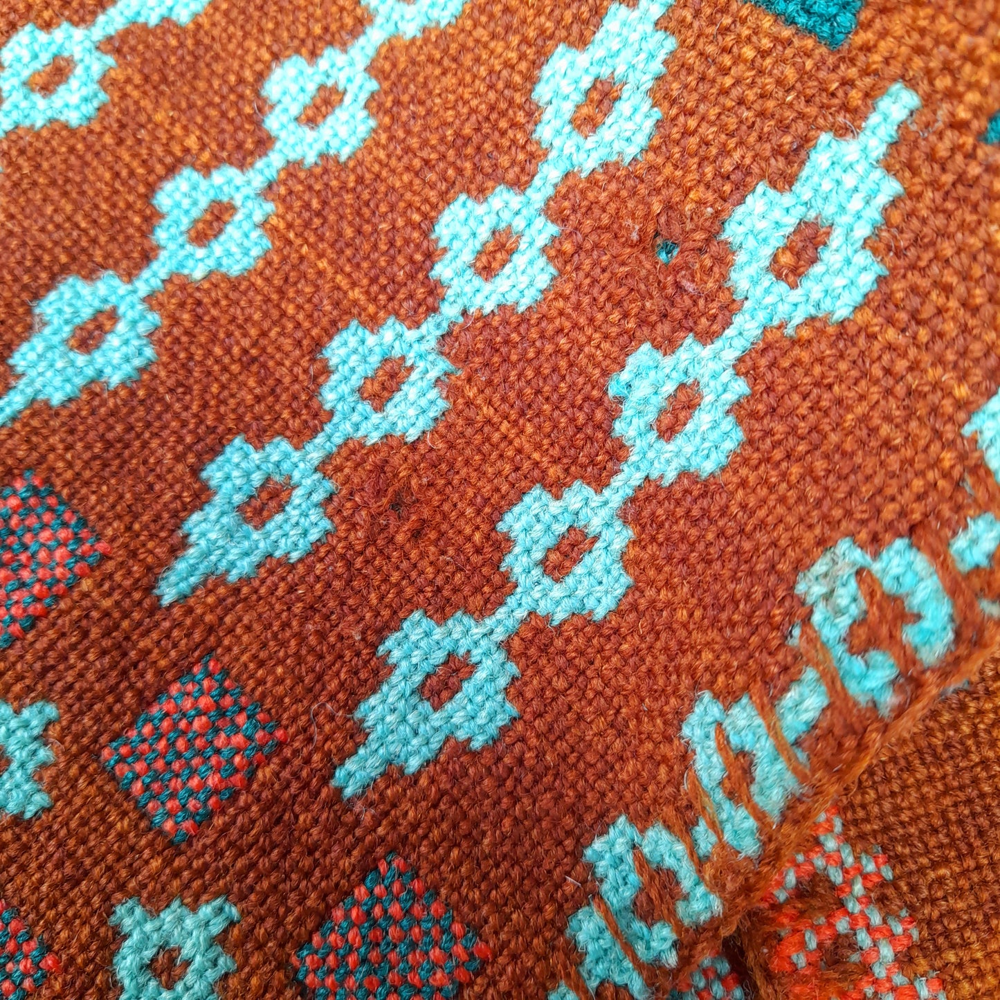 Early Antique Handmade Welsh Wool Tapestry Blanket in Teal Green, Orange Red & Terracotta