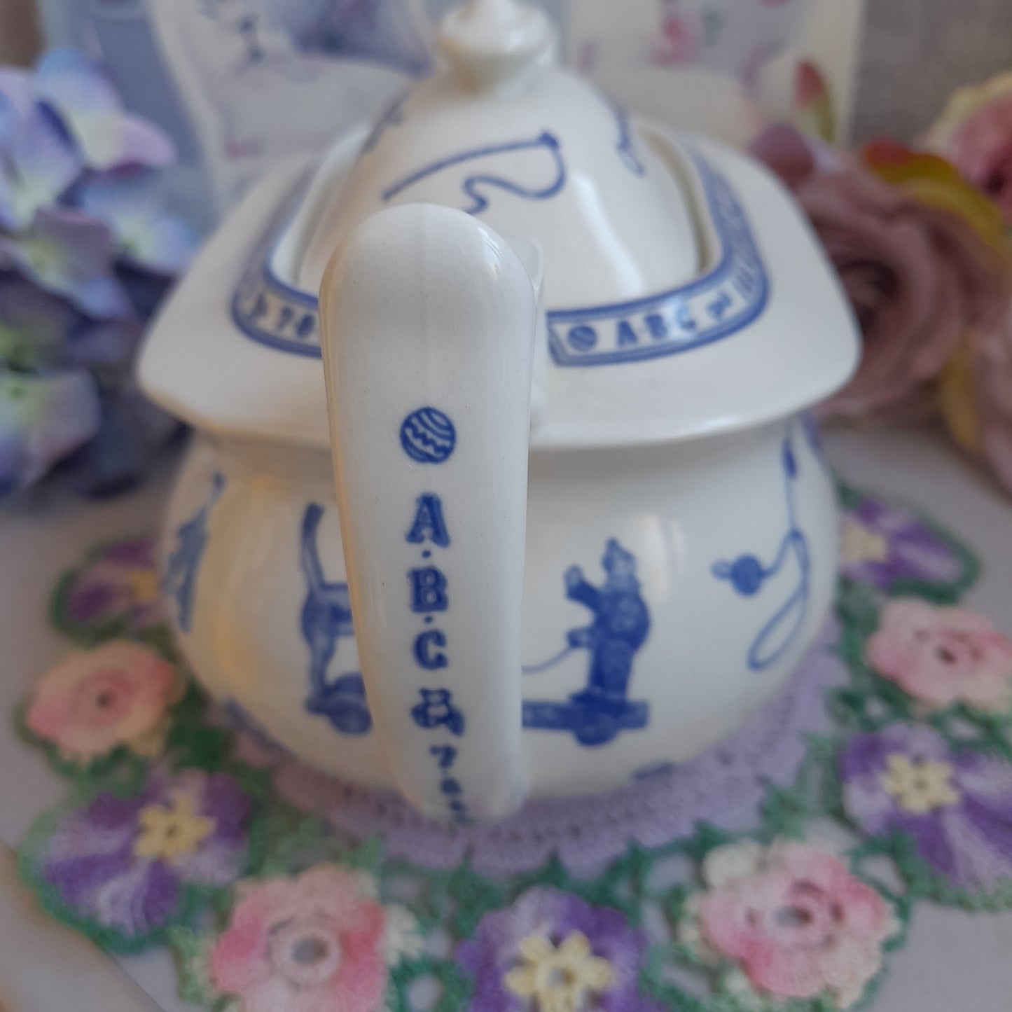 Spode Edwardian Childhood Blue & White Teapot With Rocking Horse Nursery Design