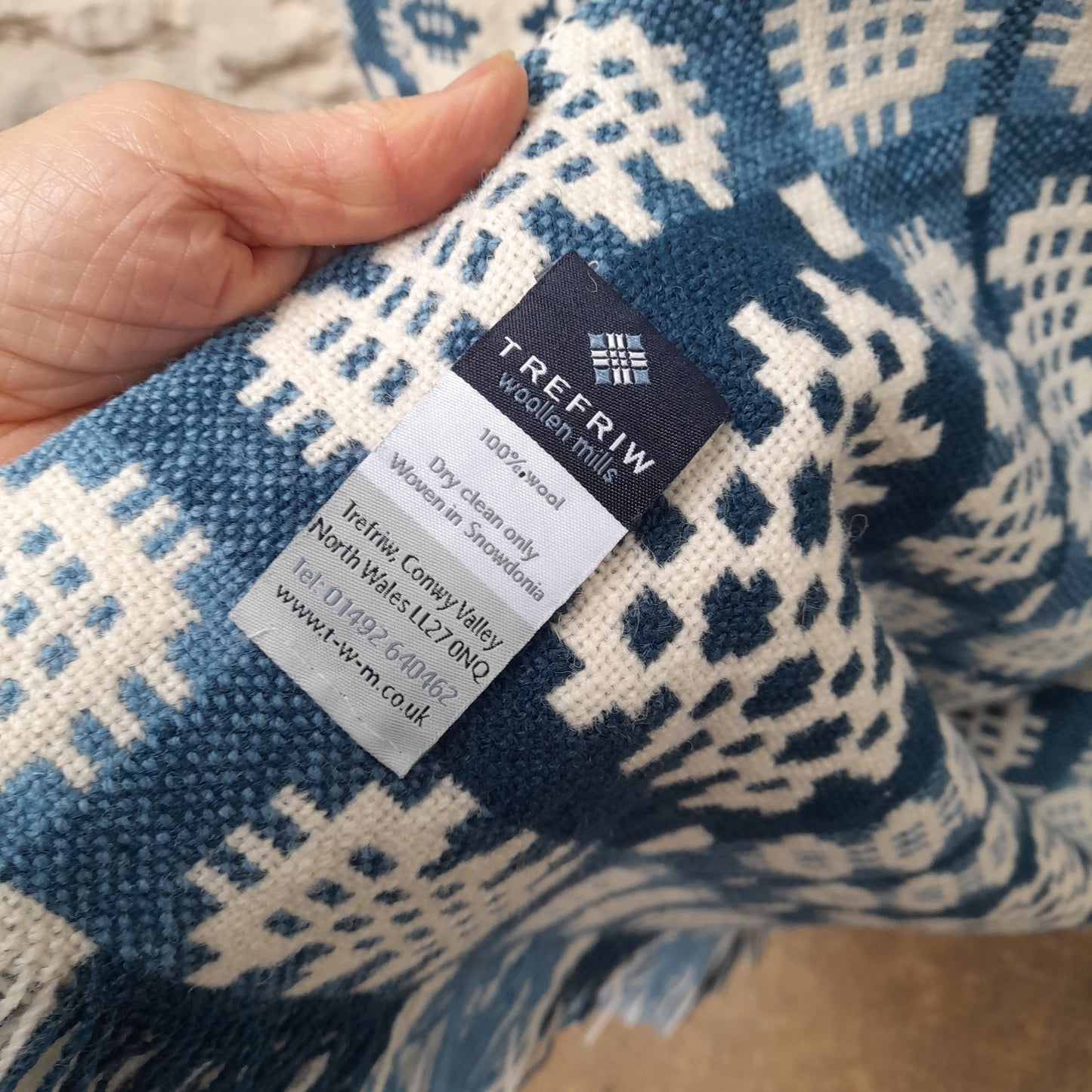 Vintage Welsh Tapestry Blanket in Blues & Creams by Trefriw Woollen Mill King Size