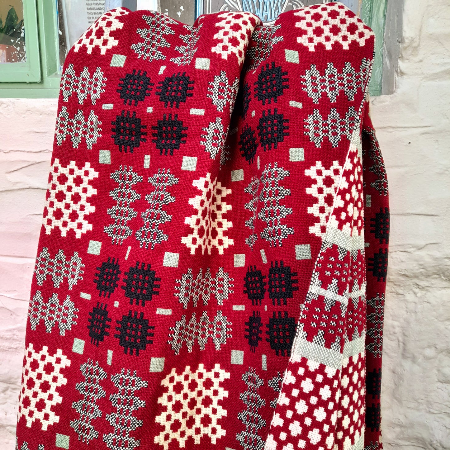 Vintage Welsh Tapestry Blanket in Deep Burgundy Wine Red, Sage Green, Black & Off White Huge King Size