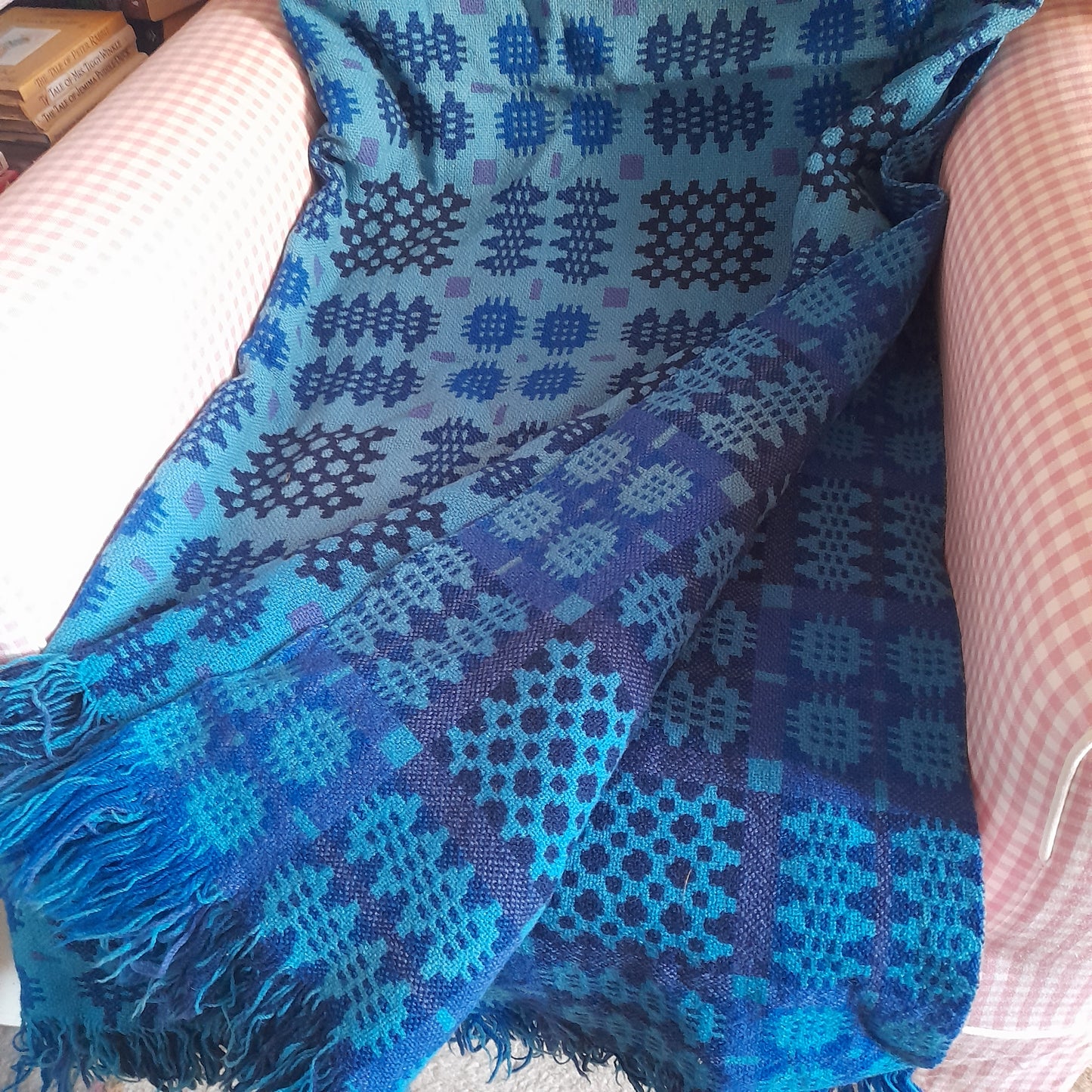 Vintage Welsh Tapestry Blanket in Vibrant Blues & A Pop of Purple