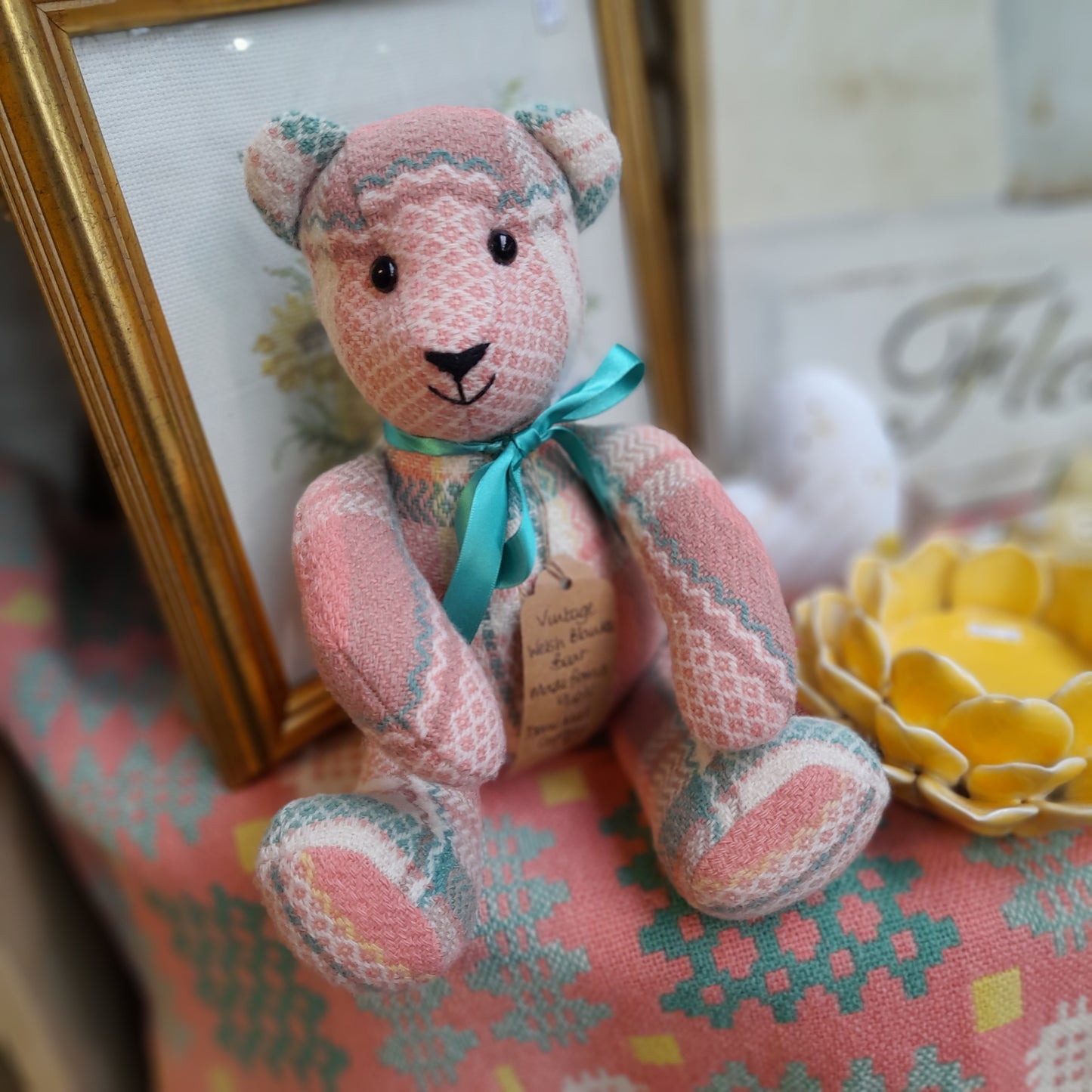 Handmade Welsh Blanket Teddy Bear in Peach Cream & Green