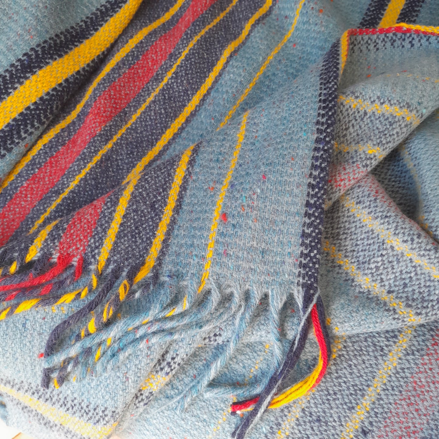 Welsh Blanket in Teal With Red Black & Yellow in Narrow Loom Stripe