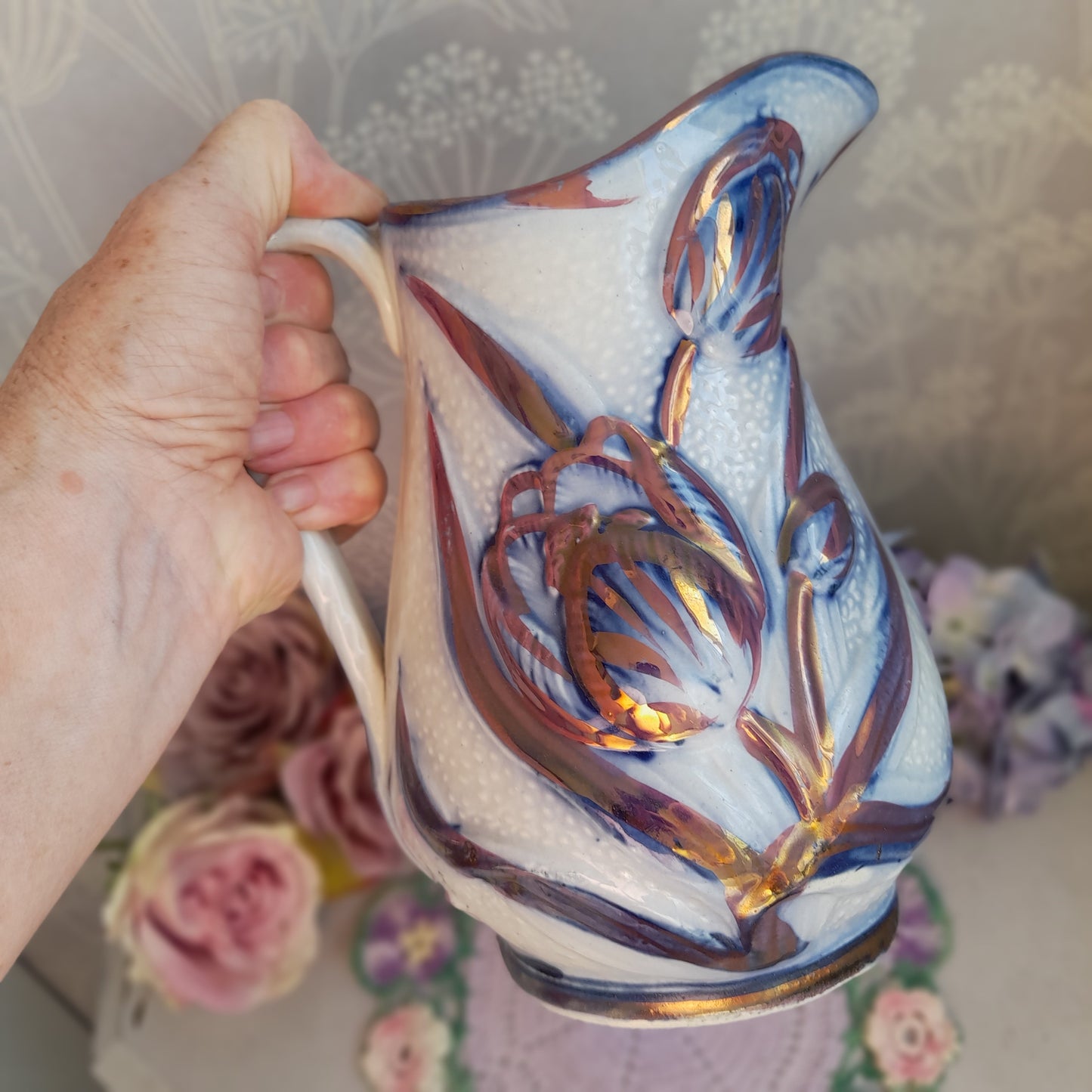 19thC James Dudson Antique Lusterware Blue & Gold Tulip Pitcher Jug