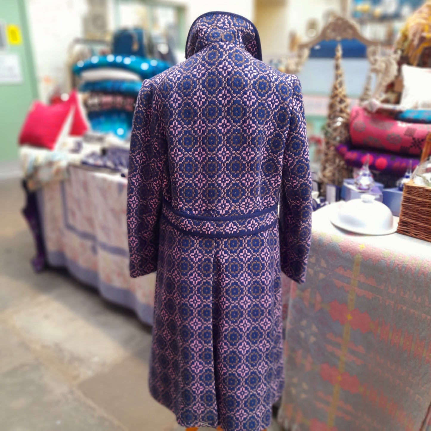 Vintage Full Length Welsh Tapestry Coat in Navy Blue Brown & Pink Unworn