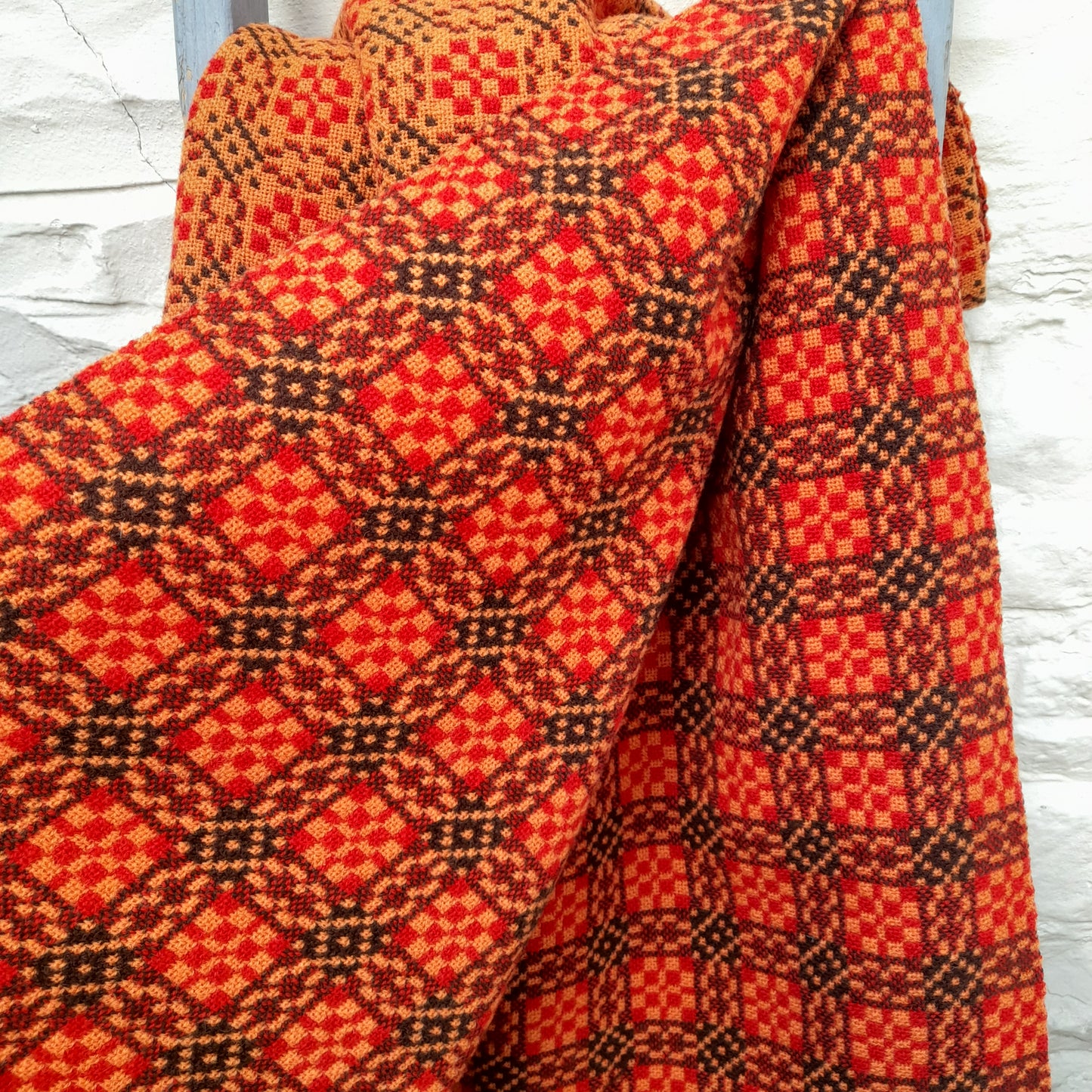 Vintage Welsh Tapestry Blanket in Bright Orange Brown & Gold by Meirion Mill