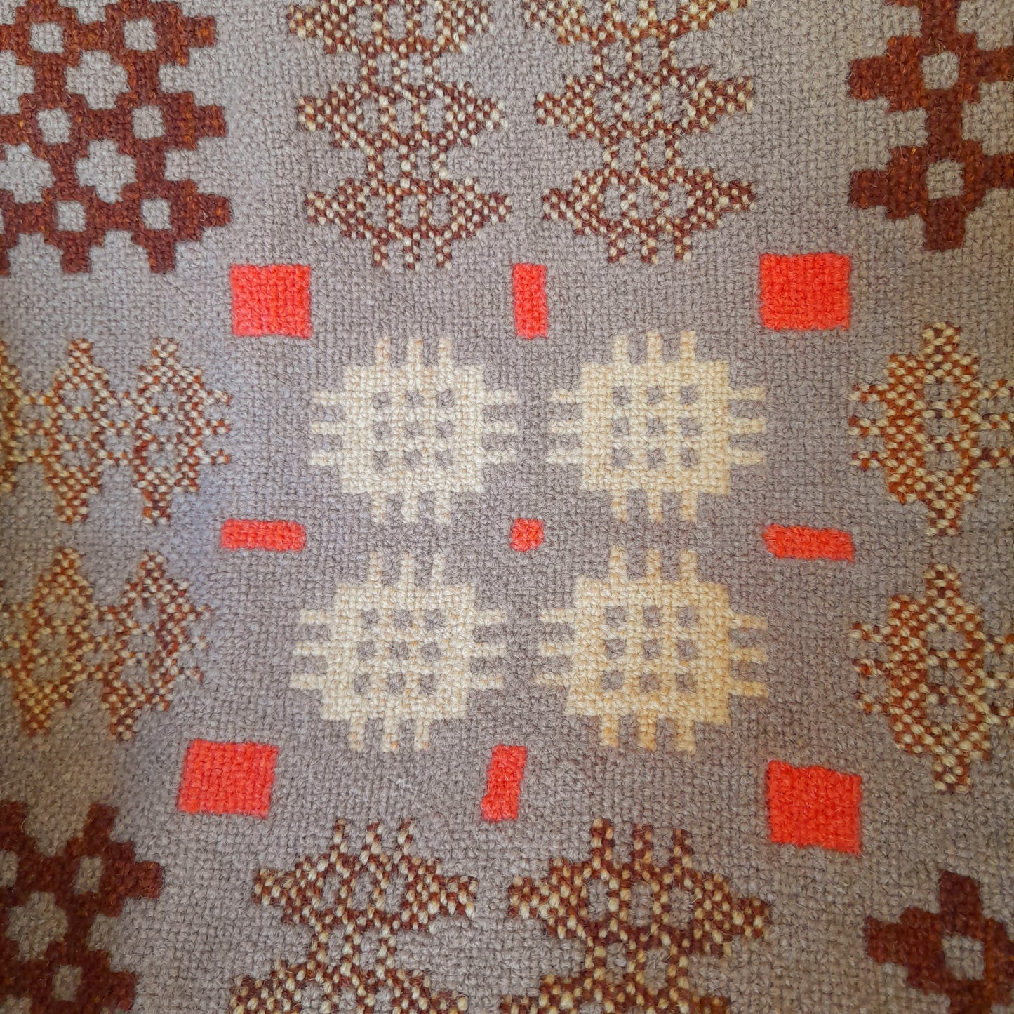Antique Welsh Blanket in Latte Brown Orange & Cream