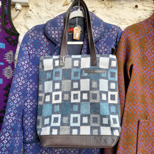 Welsh Tapestry & Leather Handbag in Blue & Grey 'Madison' by Melin Tregwynt
