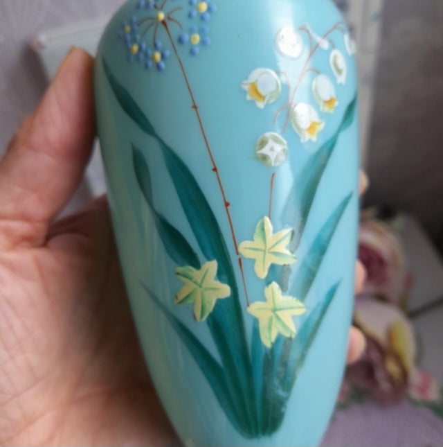 Victorian Milk Glass Vase, Handpainted Floral Opaline Duck Egg Blue