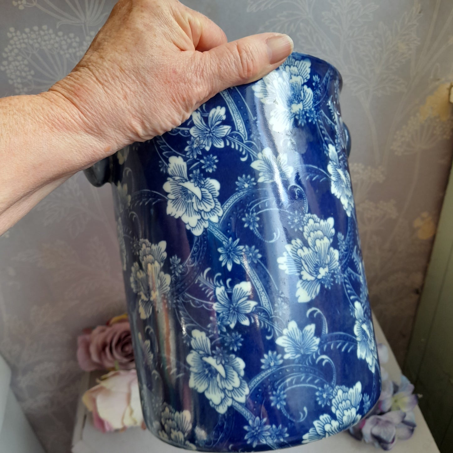 Vintage Blue & White Floral Ceramic Wine Cooler Champagne Bucket