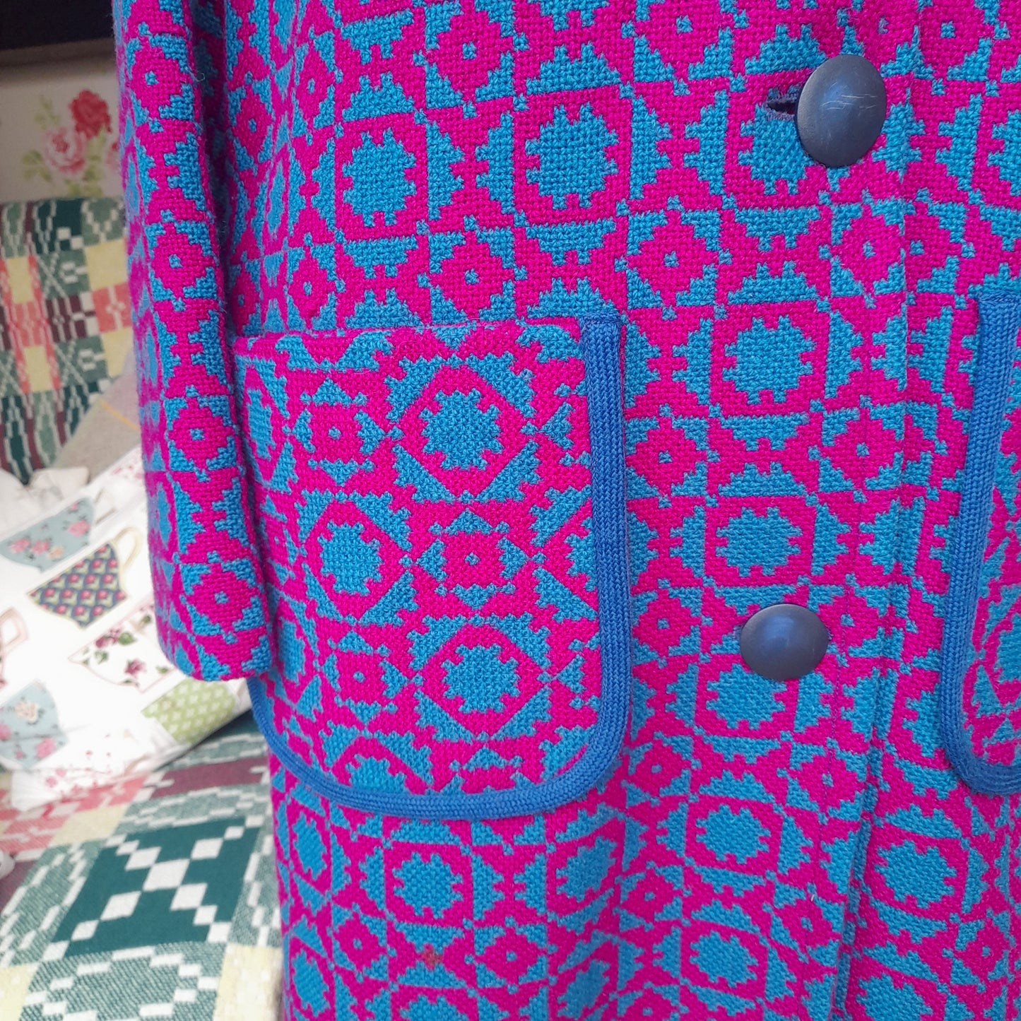 Vintage Welsh Tapestry Long Coat in Bright Pink & Turquoise