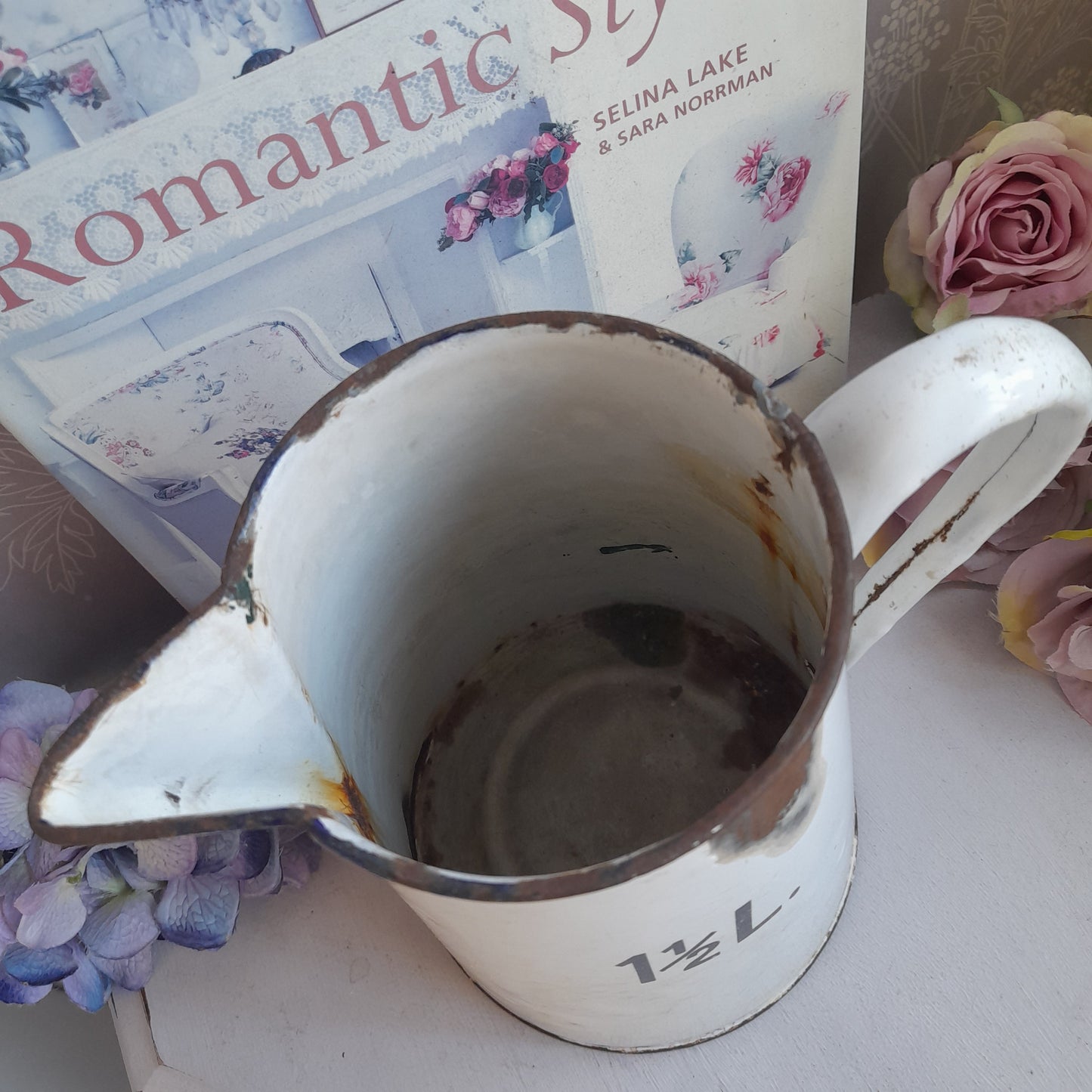 Antique White Enamel Measuring Jug: French Farmhouse Vase