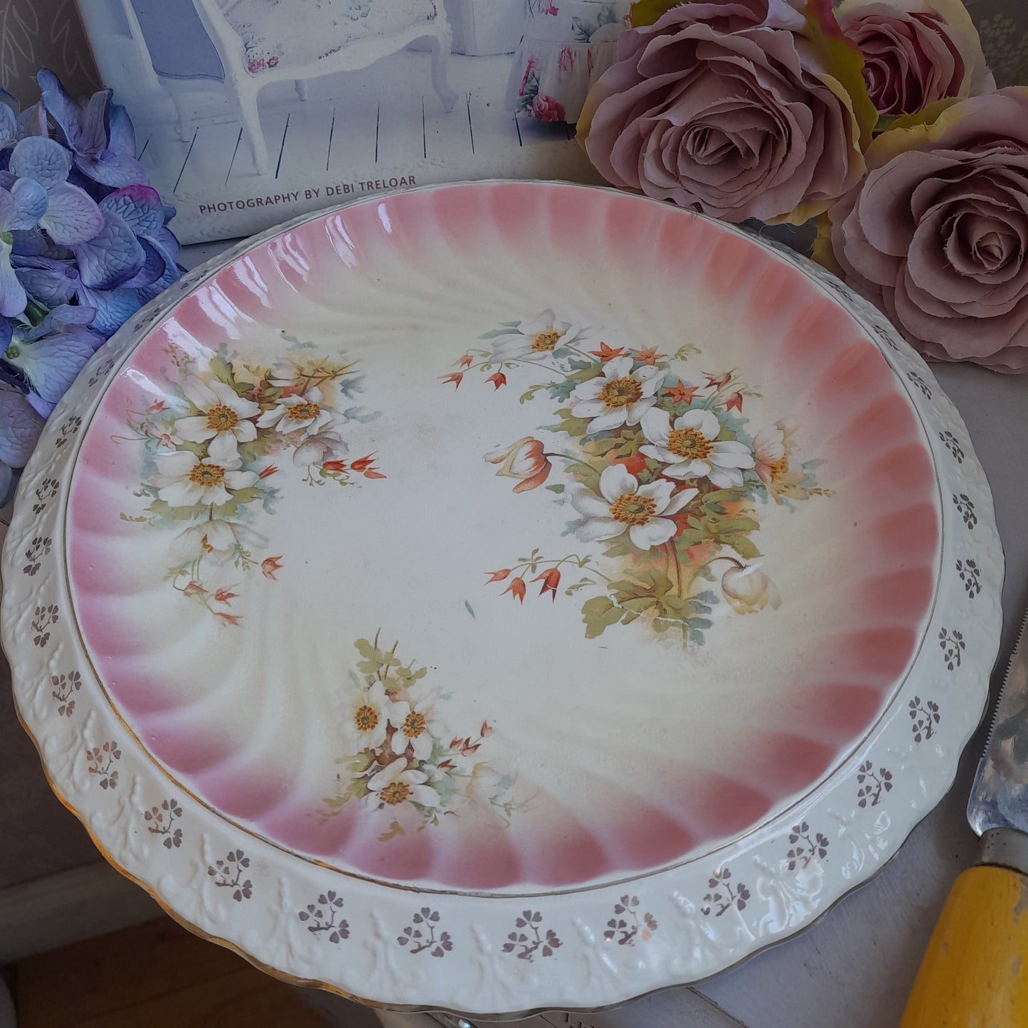 Large Antique Pink Floral Bread Plate With Scallop Edge Very Shabby Chic