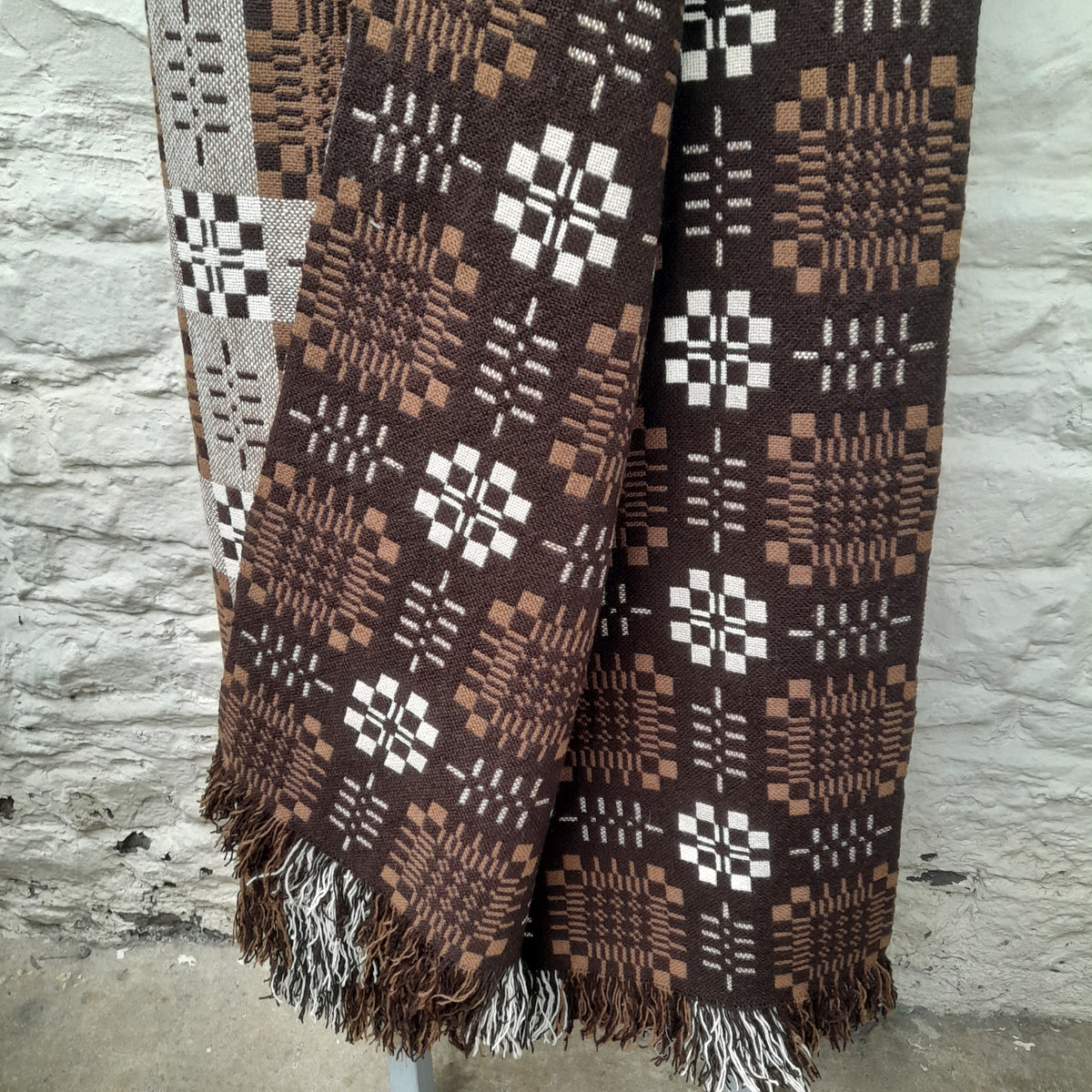 RARE Vintage Welsh Tapestry Blanket in Chocolate Brown, Black & White King Size