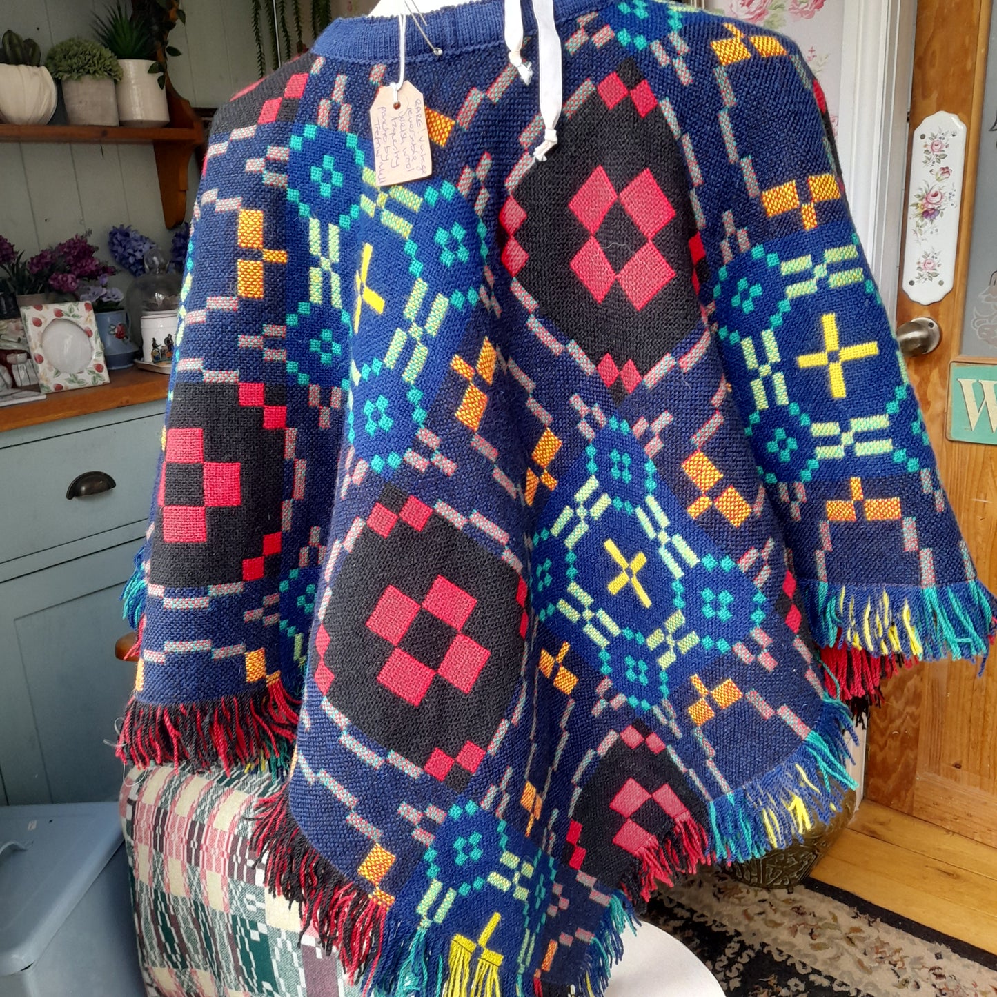 Vintage Welsh Tapestry Poncho by Trefriw Woollen Mill Navy Multicolour Reversible